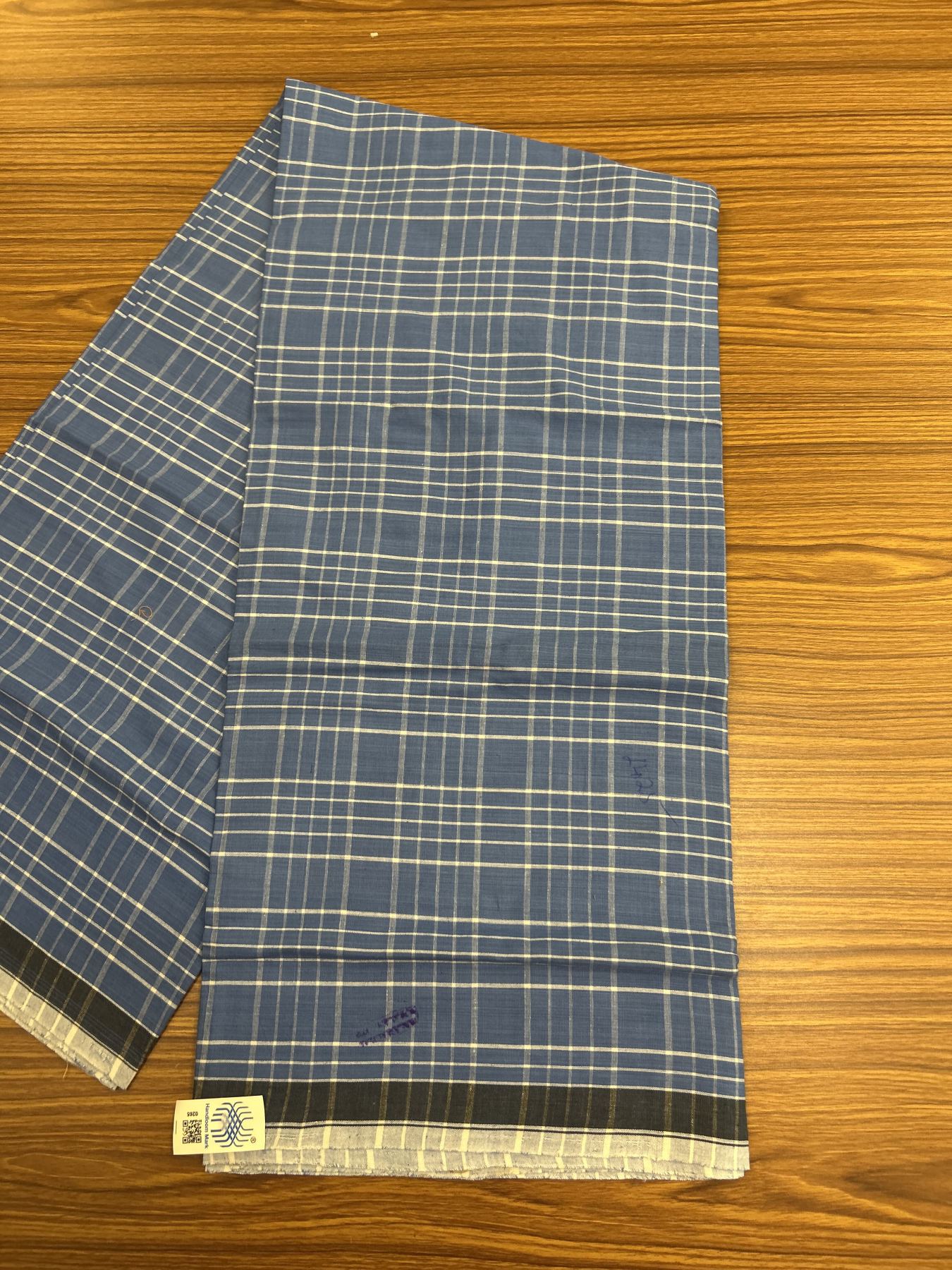 Kerala Handloom - Signature Kaitharikada - Government Sealed Hallmarked - 100% Pure Cotton - 2/60X40s Twisted Thread - Handloom Single Mundu/Dhoti - Blue Check Body  - 2.18 mtr - 55 KK8046 KAL