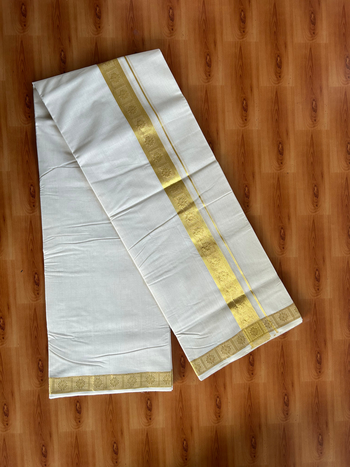 Double Off White (Unbleached) Mundu/Dhoti - 25% Discount! KaithariKada Handloom Unakkupaav Kerala Handloom - Pure Cotton - 80x90 - 1.5 inch Gold Kasav Flower Jacquard Design Kara 4 Mtr (8.5 Muzham) - 10 KK5551 STH