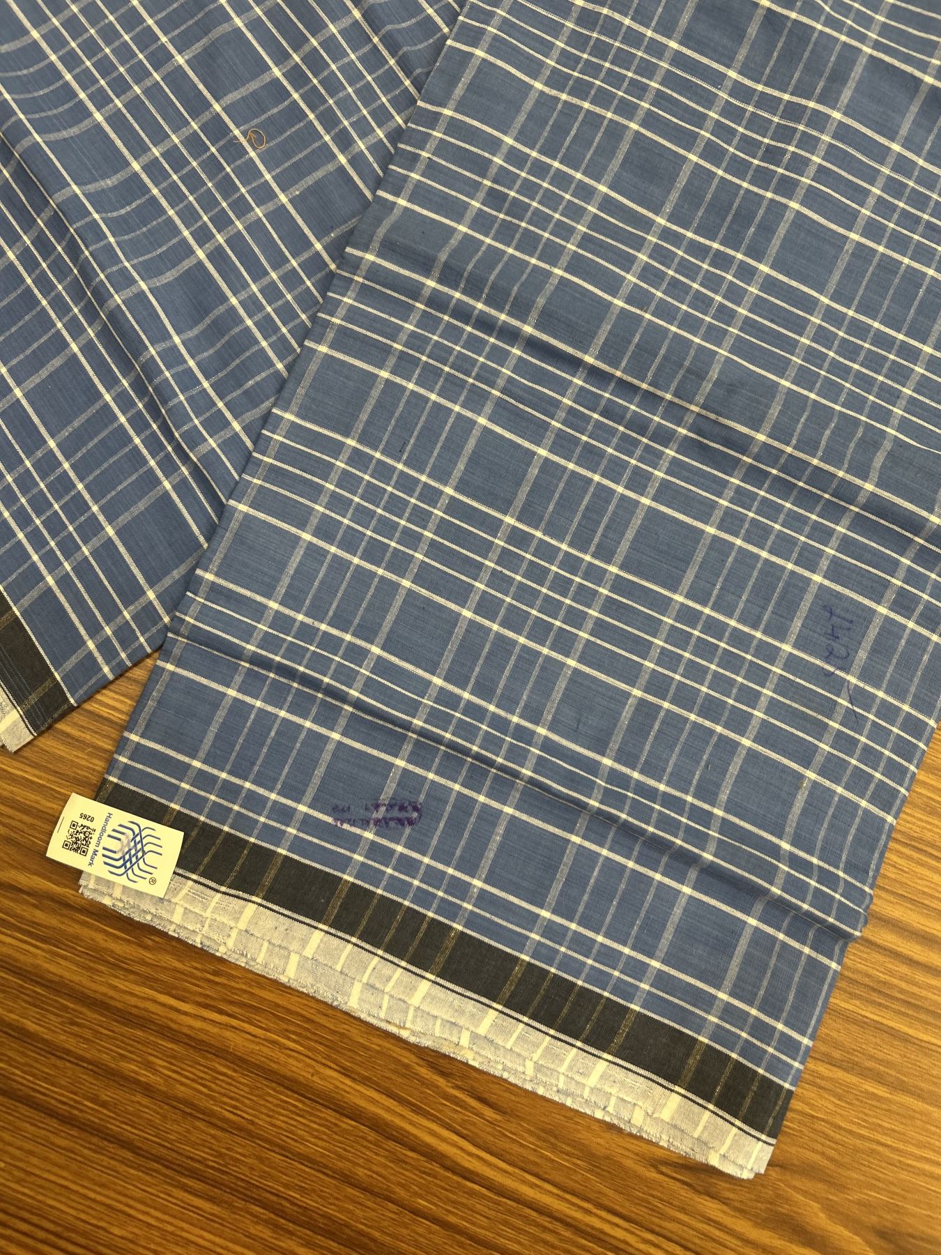 Kerala Handloom - Signature Kaitharikada - Government Sealed Hallmarked - 100% Pure Cotton - 2/60X40s Twisted Thread - Handloom Single Mundu/Dhoti - Blue Check Body  - 2.18 mtr - 55 KK8046 KAL
