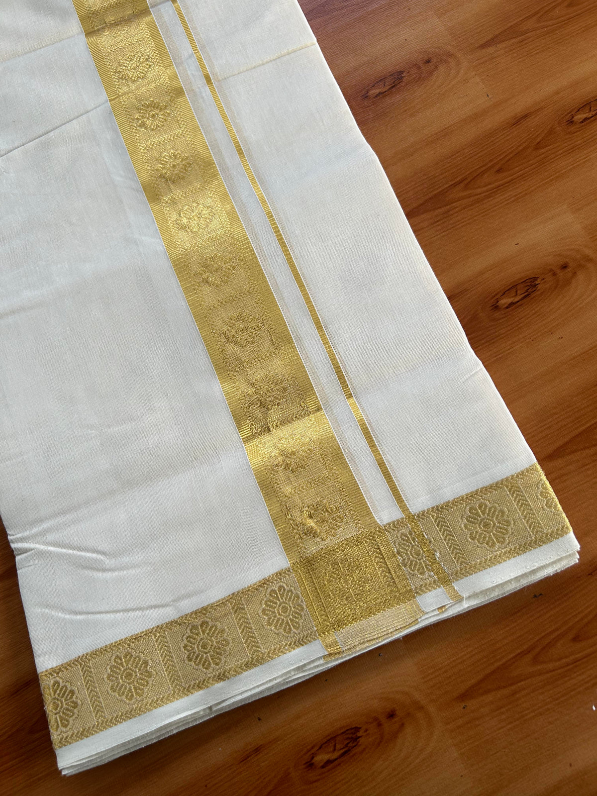 Double Off White (Unbleached) Mundu/Dhoti - 25% Discount! KaithariKada Handloom Unakkupaav Kerala Handloom - Pure Cotton - 80x90 - 1.5 inch Gold Kasav Flower Jacquard Design Kara 4 Mtr (8.5 Muzham) - 10 KK5551 STH