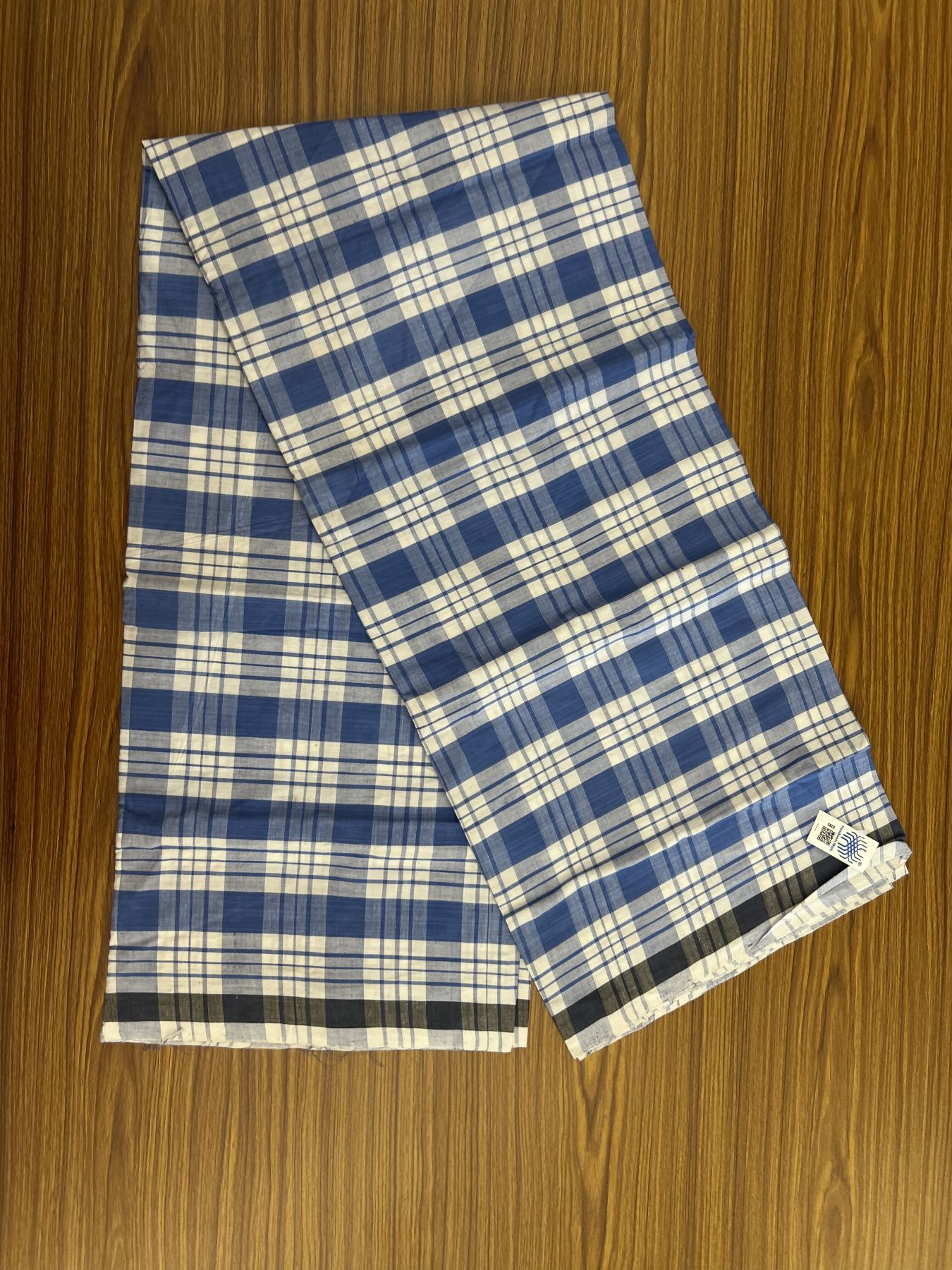 Kerala Handloom - Signature Kaitharikada - Government Sealed Hallmarked - 100% Pure Cotton - 2/60X40s Twisted Thread - Handloom Single Mundu/Dhoti - Blue Check Body  - 2.16 mtr - 54 KK8046 KAL
