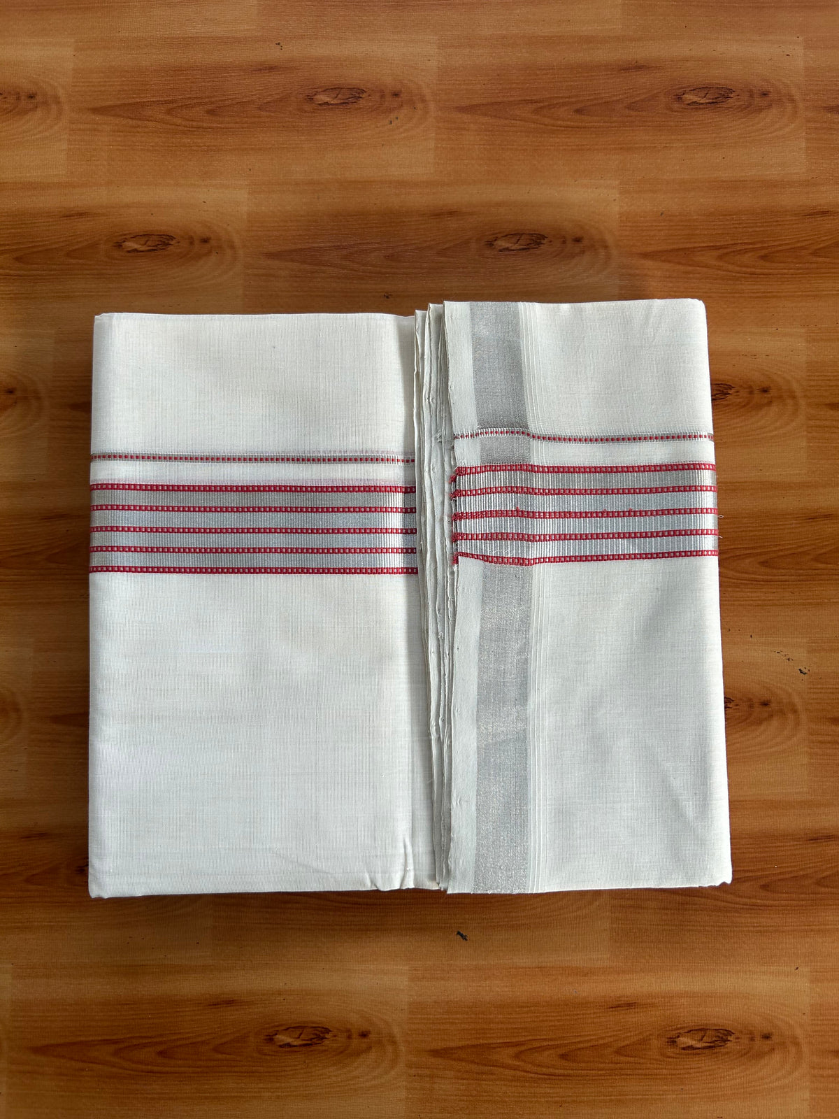 Double Off White (Unbleached) Mundu/Dhoti - 25% Discount! KaithariKada Handloom Unakkupaav Kerala Handloom - Pure Cotton - 80x90 - 1.5 Inch Silver Kasav & Pink Peach Striped Kara 4 Mtr (8.5 Muzham) - 2 KK5551 STH