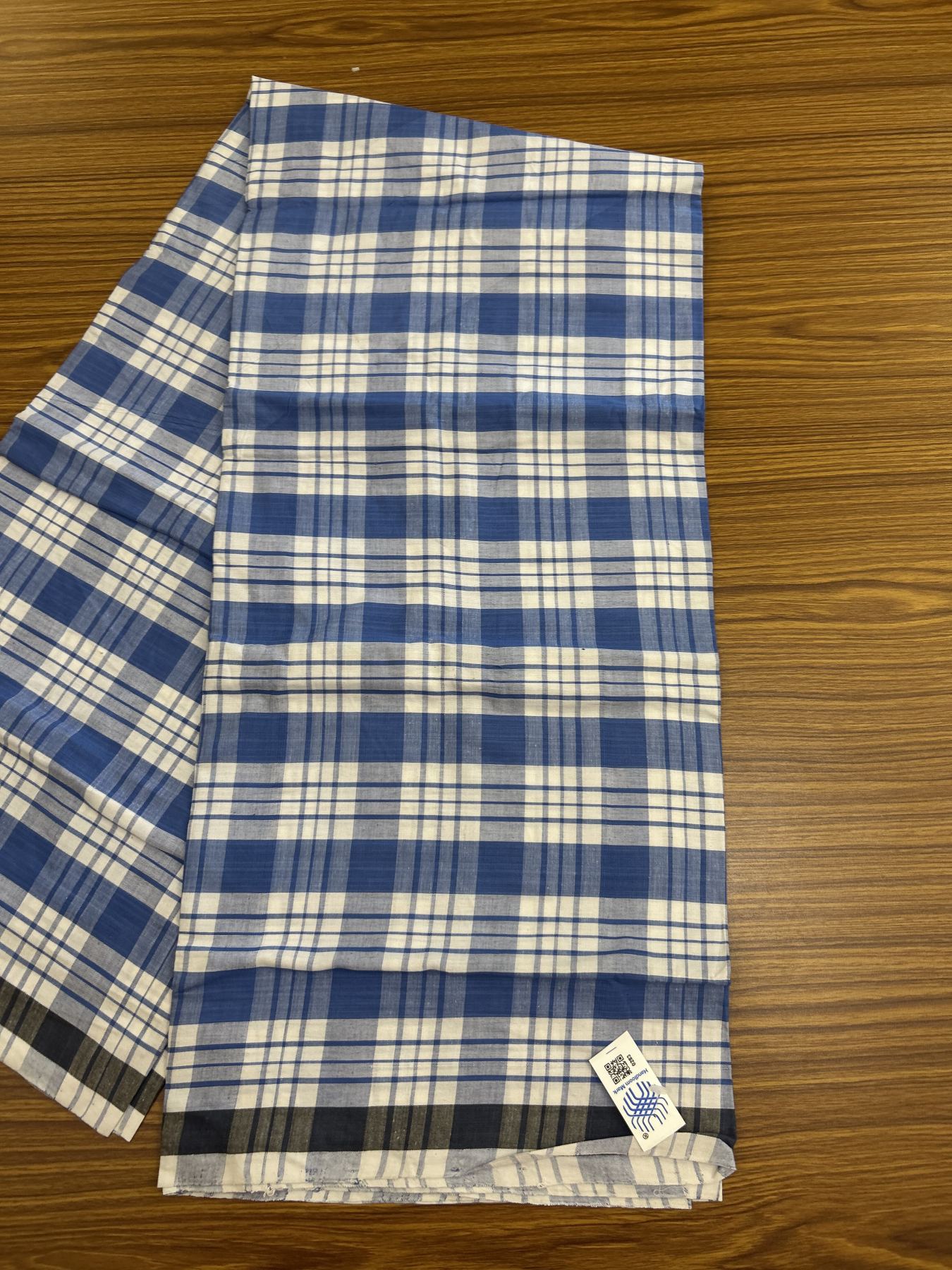 Kerala Handloom - Signature Kaitharikada - Government Sealed Hallmarked - 100% Pure Cotton - 2/60X40s Twisted Thread - Handloom Single Mundu/Dhoti - Blue Check Body  - 2.16 mtr - 54 KK8046 KAL