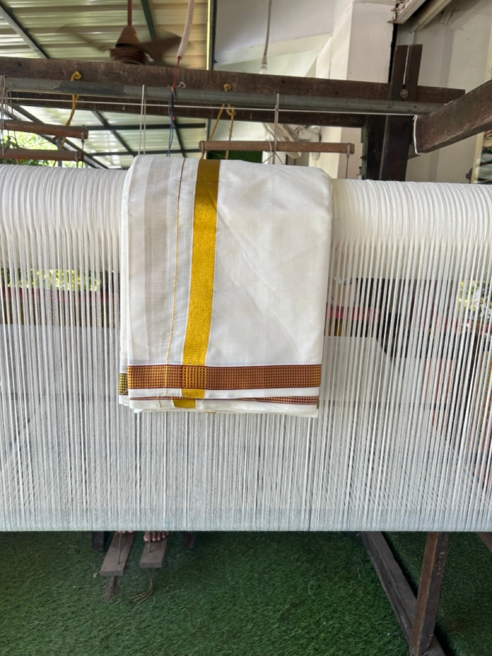 20% Discount! KaithariKada Cotton Mix Off White - (Unbleached) 80X90 thread - North Indian- Attached Gamcha - 10X6 Dhoti - 1 inch Gold Kasav kara with Maroon & Green Gold Kasav Design border - 18 KK8304 PMC