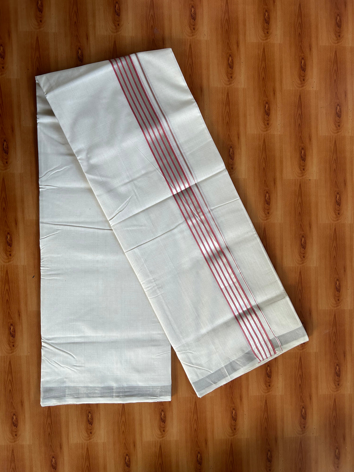 Double Off White (Unbleached) Mundu/Dhoti - 25% Discount! KaithariKada Handloom Unakkupaav Kerala Handloom - Pure Cotton - 80x90 - 1.5 Inch Silver Kasav & Pink Peach Striped Kara 4 Mtr (8.5 Muzham) - 2 KK5551 STH