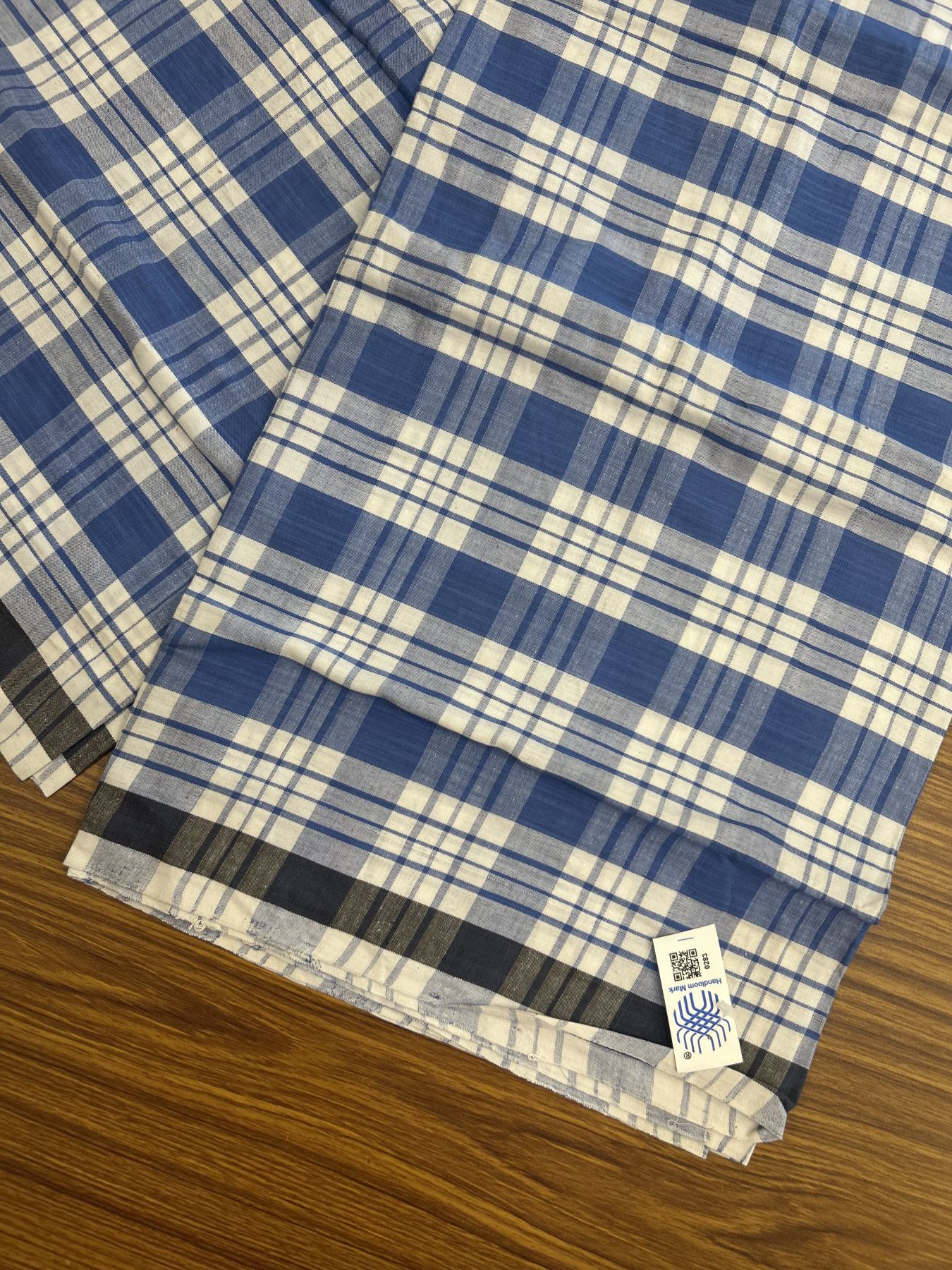 Kerala Handloom - Signature Kaitharikada - Government Sealed Hallmarked - 100% Pure Cotton - 2/60X40s Twisted Thread - Handloom Single Mundu/Dhoti - Blue Check Body  - 2.16 mtr - 54 KK8046 KAL