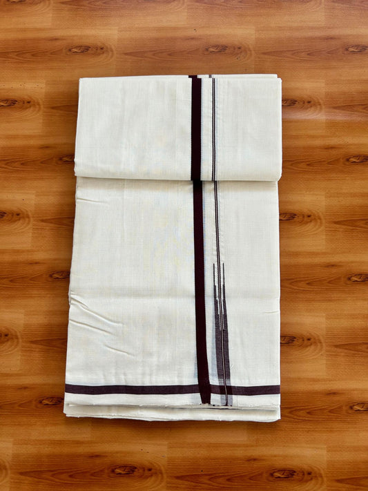 Double Off White (Unbleached) Mundu/Dhoti - 25% Discount!! KaithariKada Handloom Unakkupaav - 100% Pure Cotton - 100x80 - 1 inch Puliyilakkara Dark Maroon Chutty 3.80 meter (8 muzham) - 29 KK5498 REA