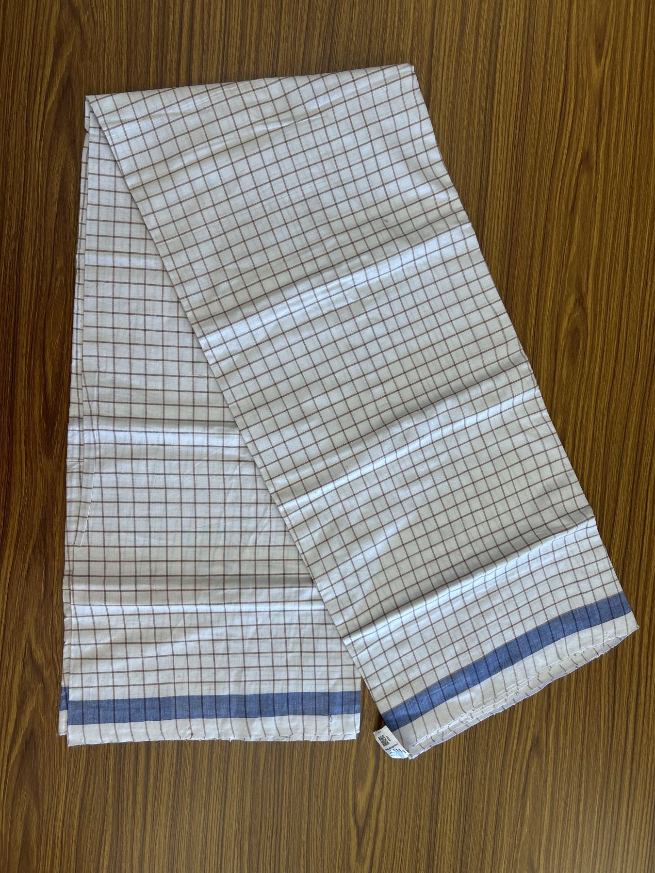 Kerala Handloom - Signature Kaitharikada - Government Sealed Hallmarked - 100% Pure Cotton - 2/60X40s Twisted Thread - Handloom Single Mundu/Dhoti - White & Brown check Body  - 2.22 mtr - 63 KK8046 KAL