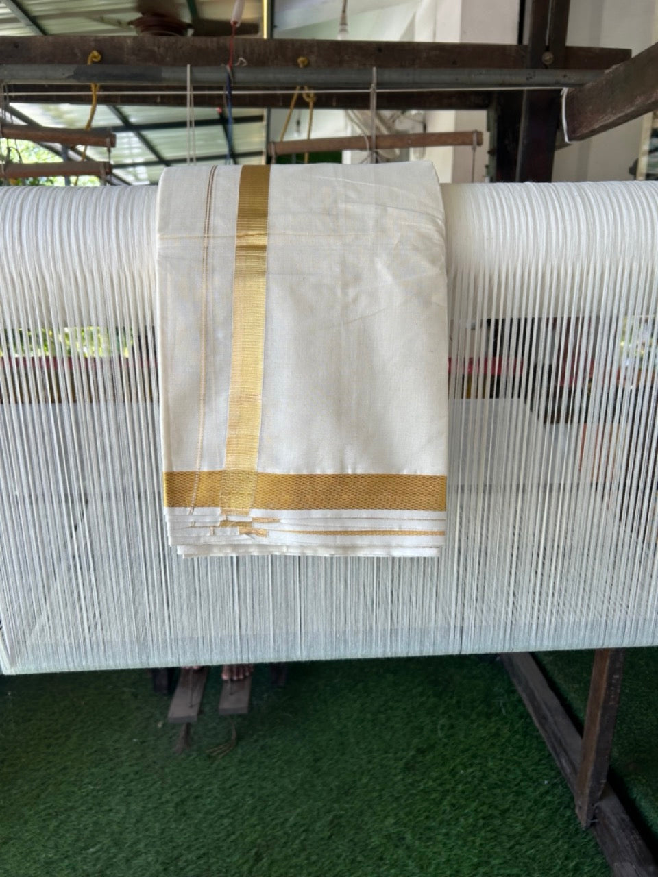 20% Discount! Kaitharikada Balaramapuram Pure Cotton Off White - (Unbleached) - 100x100 thread - North Iindian- Attached Gamcha - 10X6 Dhoti - 1 inch Gold Kasav border - 30 KK8304 PMC