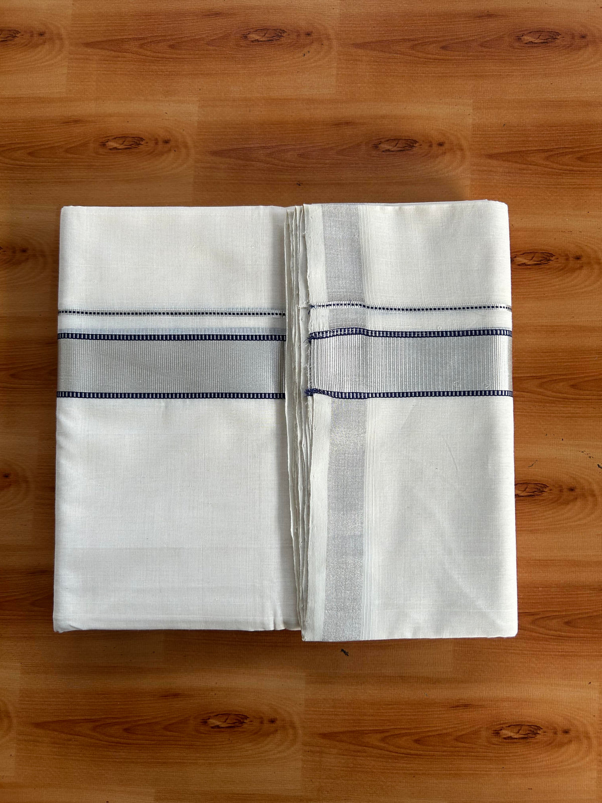 Double Off White (Unbleached) Mundu/Dhoti - 25% Discount! KaithariKada Handloom Unakkupaav Kerala Handloom - Pure Cotton - 80x90 - 1.5 Inch Silver Kasav & Navy Blue Kara 4 Mtr (8.5 Muzham) - 3 KK5551 STH