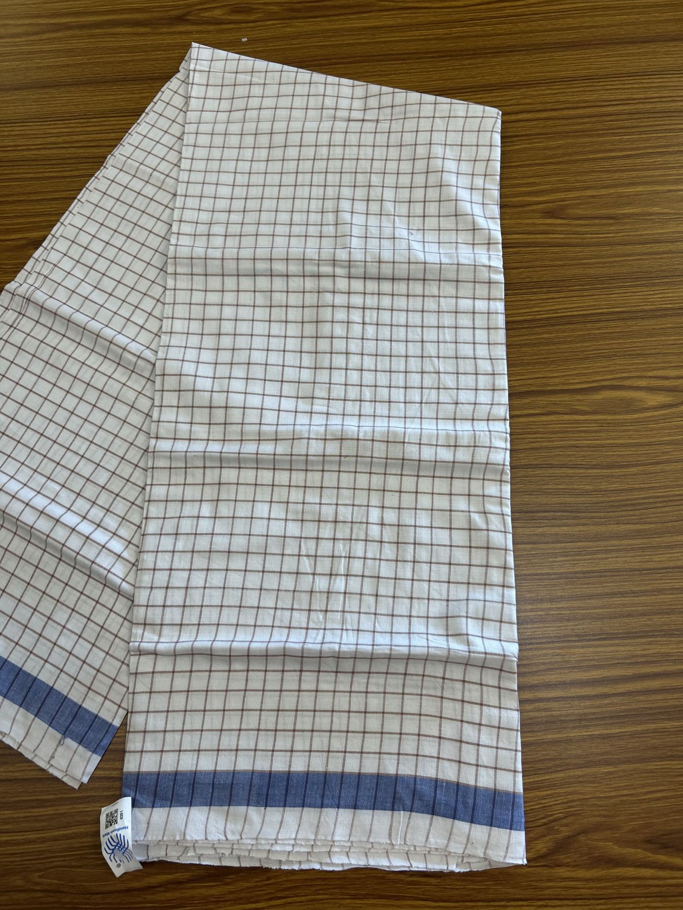 Kerala Handloom - Signature Kaitharikada - Government Sealed Hallmarked - 100% Pure Cotton - 2/60X40s Twisted Thread - Handloom Single Mundu/Dhoti - White & Brown check Body  - 2.22 mtr - 63 KK8046 KAL