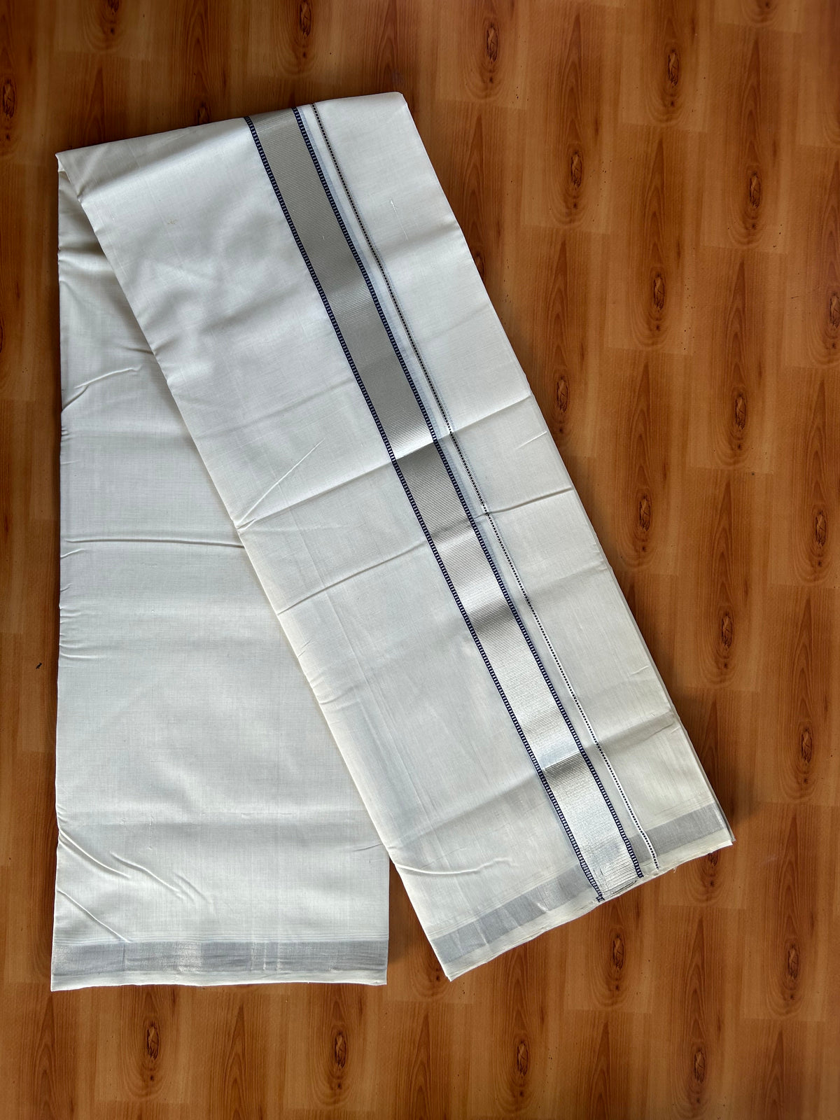 Double Off White (Unbleached) Mundu/Dhoti - 25% Discount! KaithariKada Handloom Unakkupaav Kerala Handloom - Pure Cotton - 80x90 - 1.5 Inch Silver Kasav & Navy Blue Kara 4 Mtr (8.5 Muzham) - 3 KK5551 STH