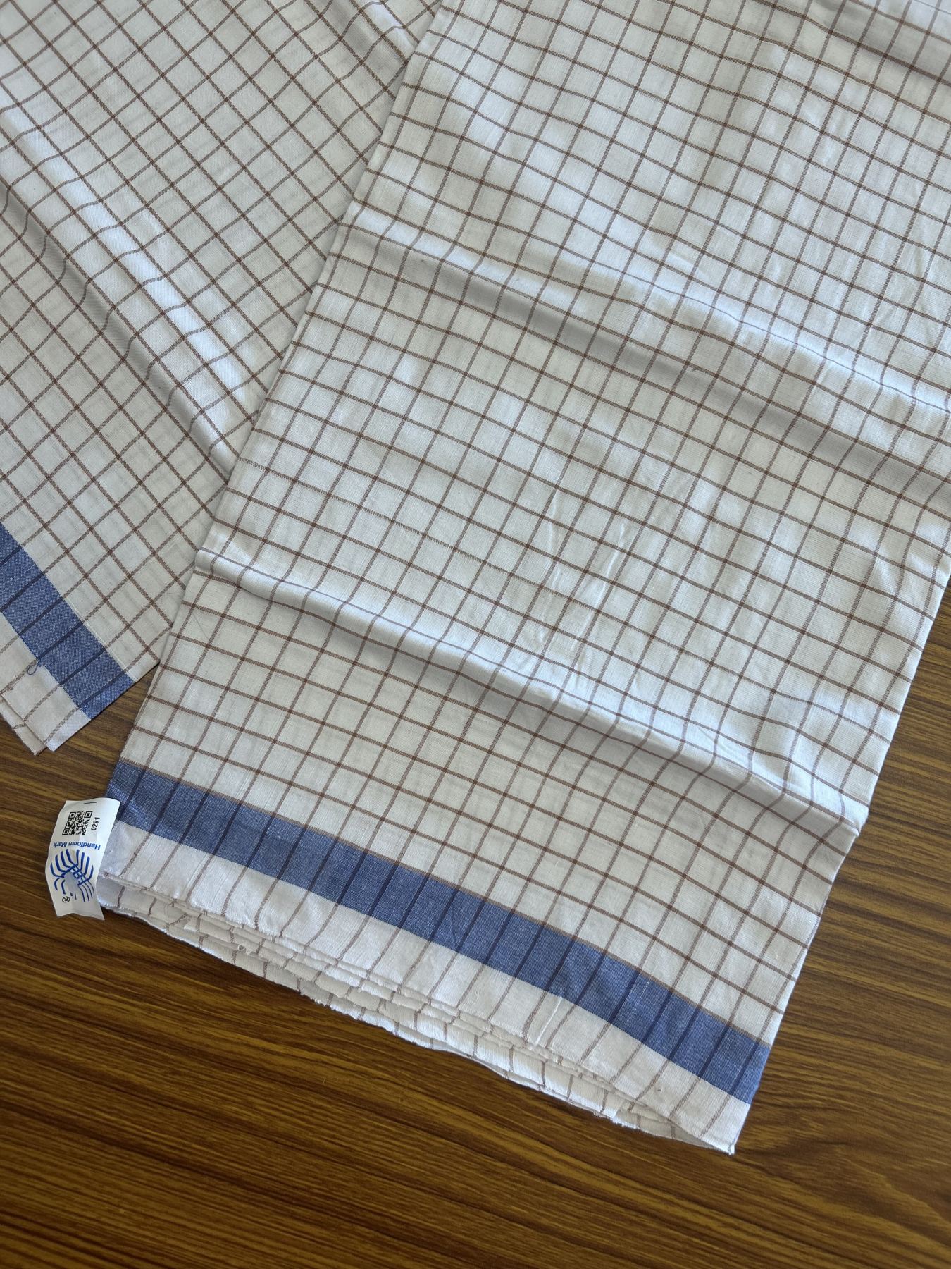 Kerala Handloom - Signature Kaitharikada - Government Sealed Hallmarked - 100% Pure Cotton - 2/60X40s Twisted Thread - Handloom Single Mundu/Dhoti - White & Brown check Body  - 2.22 mtr - 63 KK8046 KAL