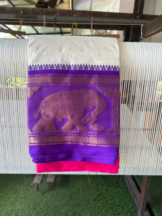 20% Discount! KaithariKada Cotton Mix Off White - (Unbleached) 80X90 thread - North Indian- Attached Gamcha - 10X6 Dhoti 4 inch Violet kara with Rani Pink & Deep Violet Kasav Elephant Design border - 1 KK8304 PMC