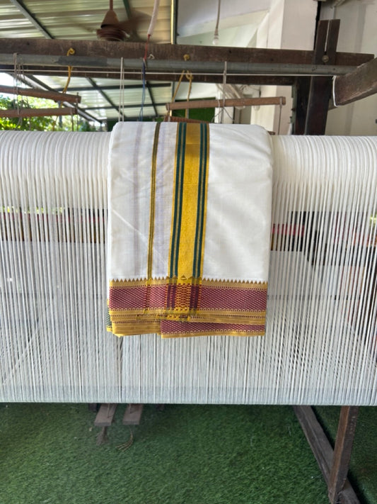 20% Discount! KaithariKada Cotton Mix Off White - (Unbleached) 80X90 thread - North Indian - Attached Gamcha - 10X6 Dhoti - 2 inch Green Gold Kasav kara with Dark Maroon & Green Gold Kasav Design border - 6 KK8304 PMC