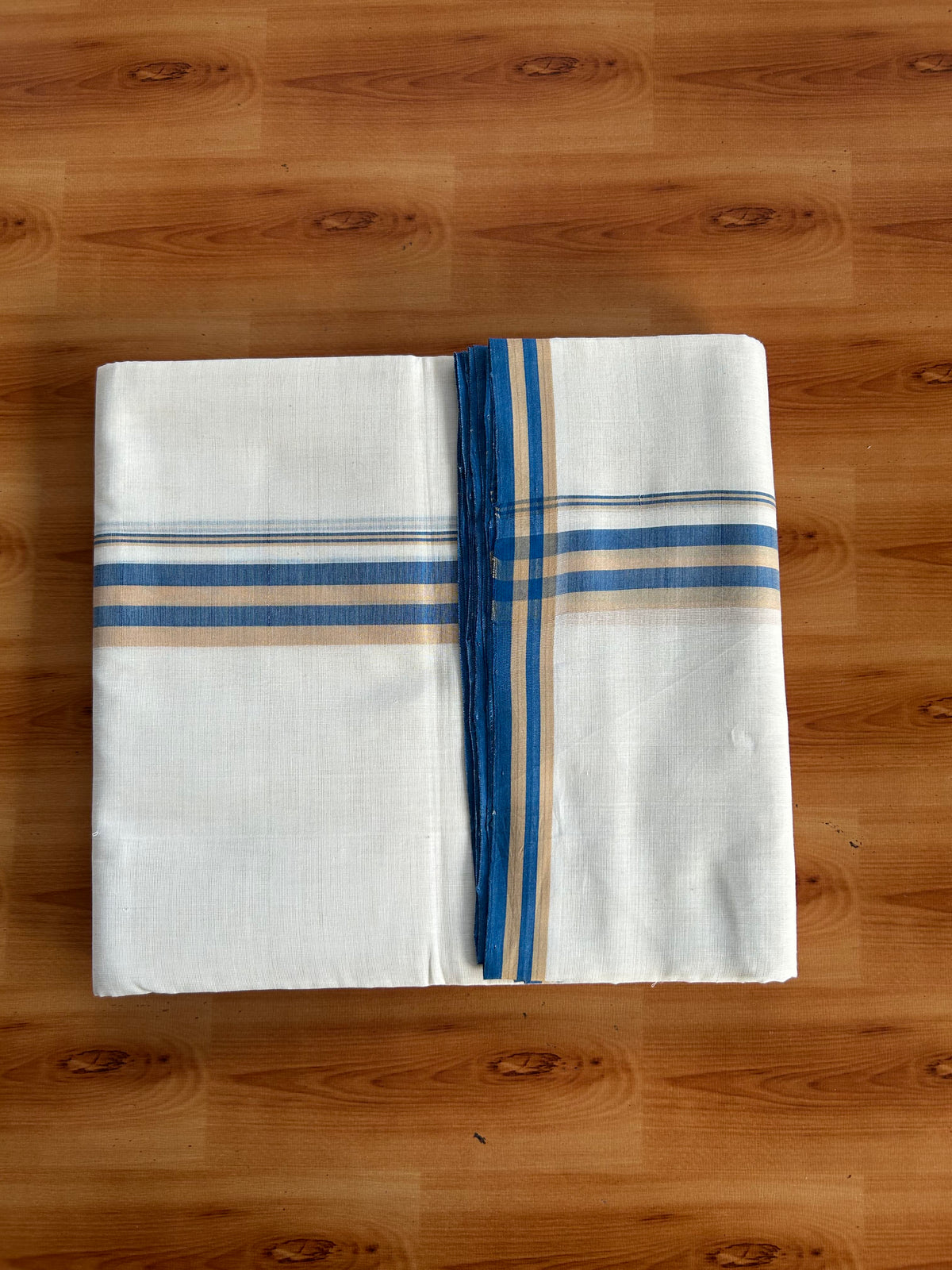 Double Off White (Unbleached) Mundu/Dhoti - 25% Discount! KaithariKada Handloom Unakkupaav Kerala Handloom - Pure Cotton - 80x90 - 1.25 Inch Blue & Sand Brown Striped Kara 4 Mtr (8.5 Muzham) - 4 KK5551 STH