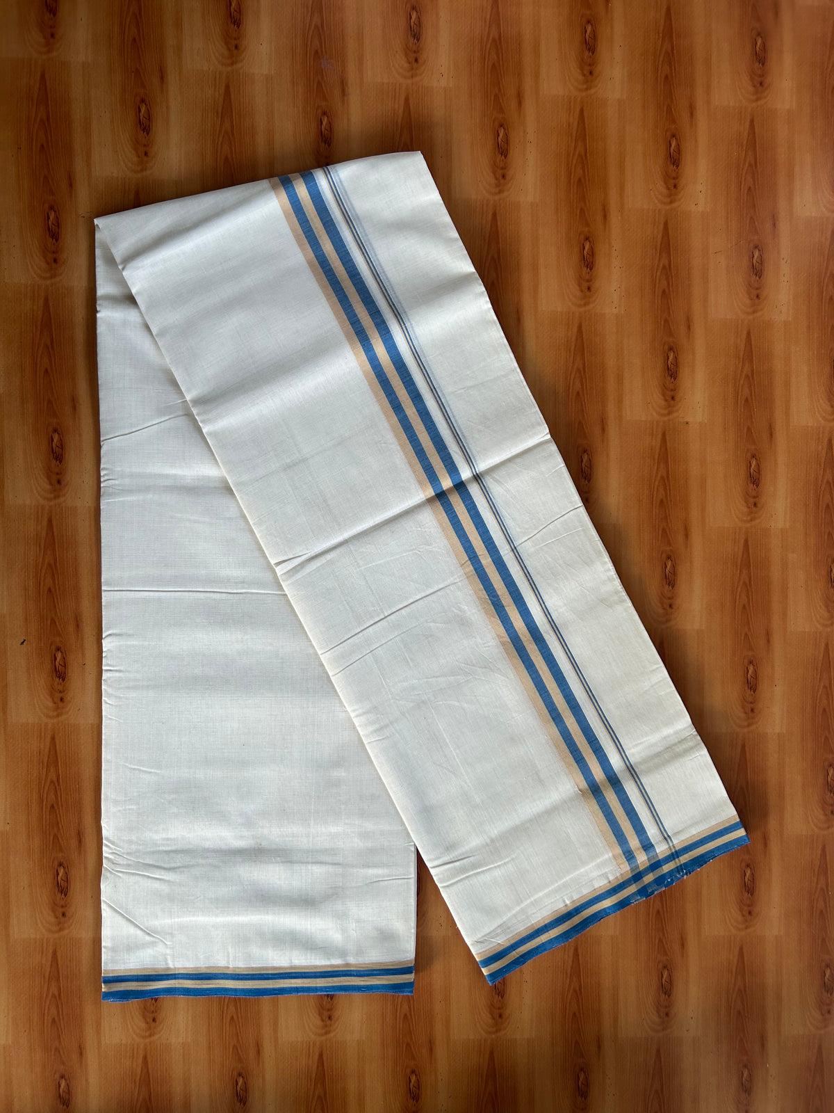 Double Off White (Unbleached) Mundu/Dhoti - 25% Discount! KaithariKada Handloom Unakkupaav Kerala Handloom - Pure Cotton - 80x90 - 1.25 Inch Blue & Sand Brown Striped Kara 4 Mtr (8.5 Muzham) - 4 KK5551 STH