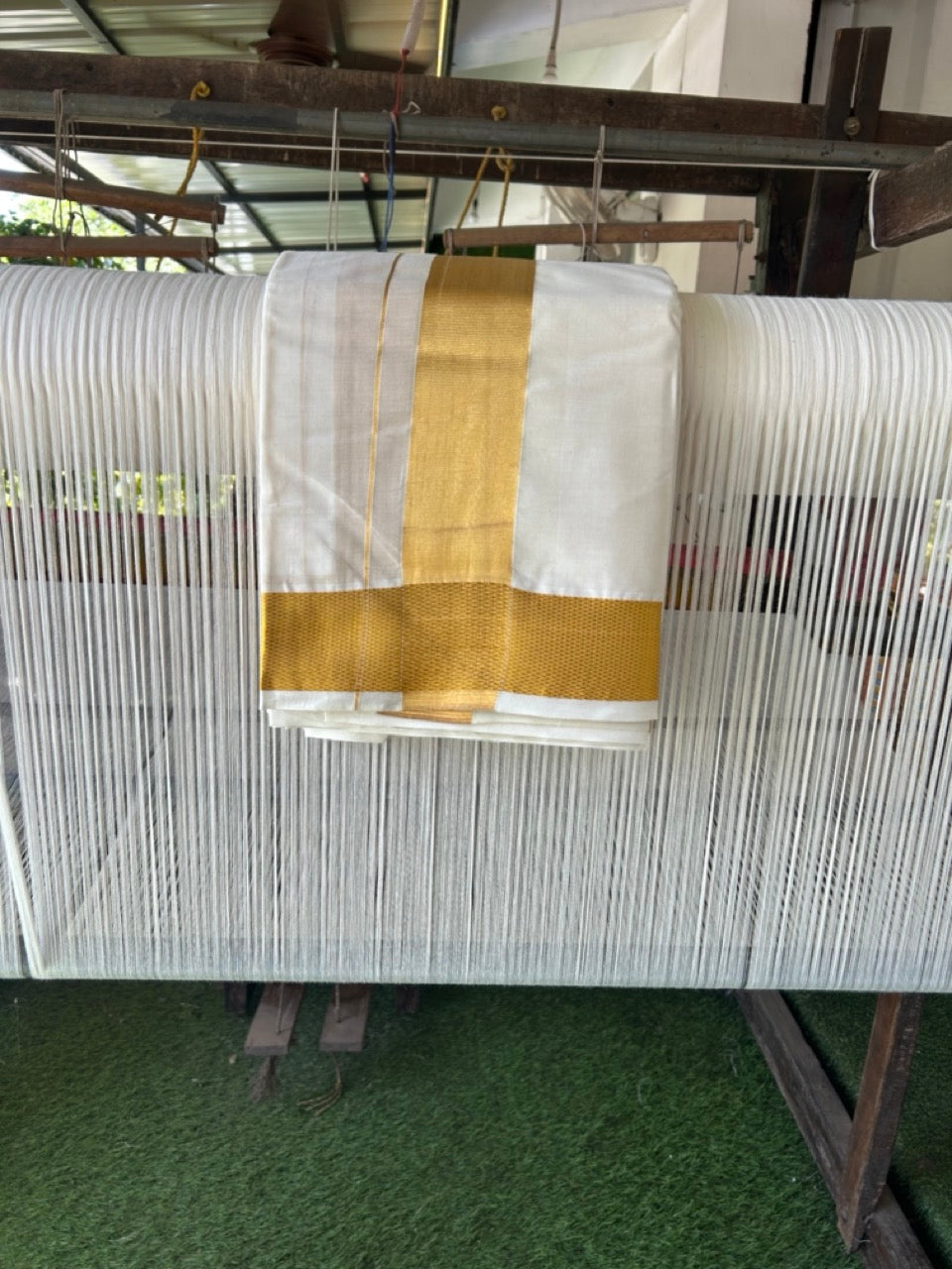 20% Discount! Kaitharikada Balaramapuram Cotton Mix Off White - (Unbleached) 80X90 thread - North Iindian- Attached Gamcha - 10X6 Dhoti - 2.25 inch Gold Kasav border - 26 KK8304 PMC