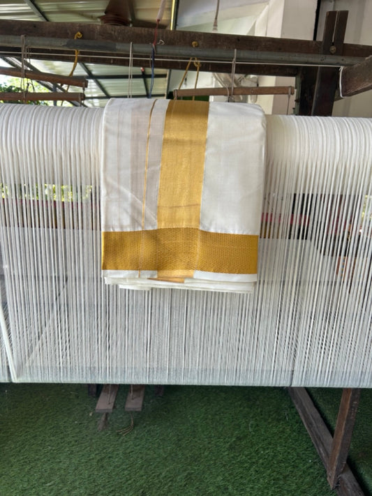 20% Discount! Kaitharikada Balaramapuram Cotton Mix Off White - (Unbleached) 80X90 thread - North Iindian- Attached Gamcha - 10X6 Dhoti - 2.25 inch Gold Kasav border - 26 KK8304 PMC