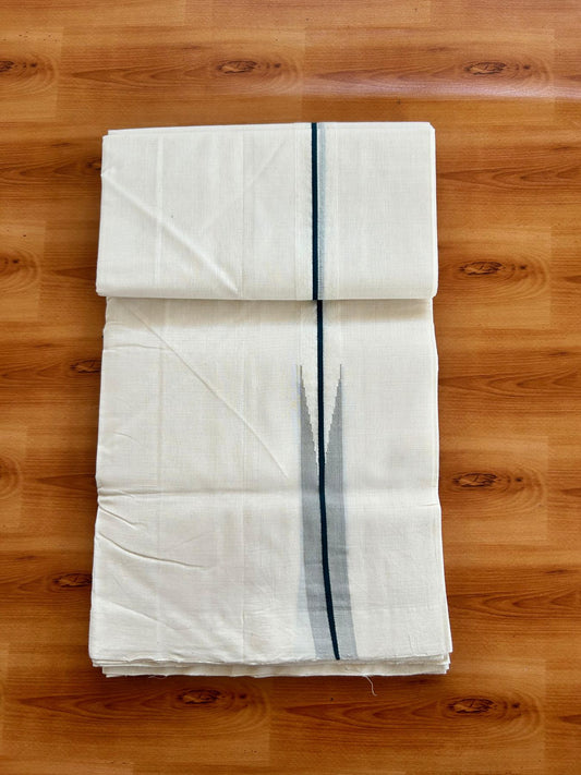 Short Dhoti Special! Double Off White Dhoti - 25% Discount! KaithariKada Kerala Handloom Unakkupaav - 100% Pure Cotton 100x80 - 46 inches Height - 1.25 inch Dark Green & Grey Puliyilakkara Chutty 3.60 mtr (8 muzham) - 4 KK5498 REA