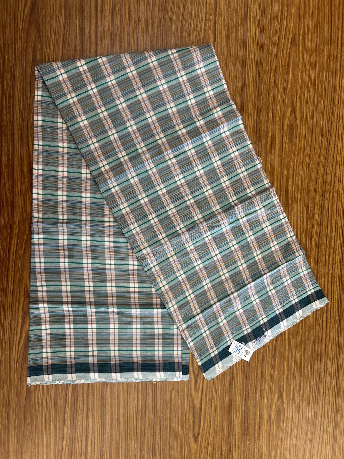 Kerala Handloom - Signature Kaitharikada - Government Sealed Hallmarked - 100% Pure Cotton - 2/60X40s Twisted Thread - Handloom Single Mundu/Dhoti - Green & Dark Pink Check Body  - 2.36 mtr - 59 KK8046 KAL