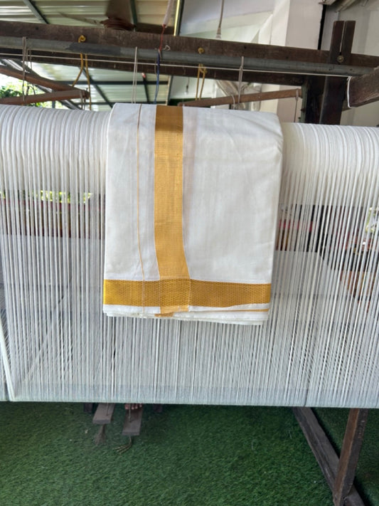 20% Discount! Kaitharikada Balaramapuram Cotton Mix Off White - (Unbleached) 80X90 thread - North Iindian- Attached Gamcha - 10X6 Dhoti - 1.5 inch Gold Kasav border - 28 KK8304 PMC