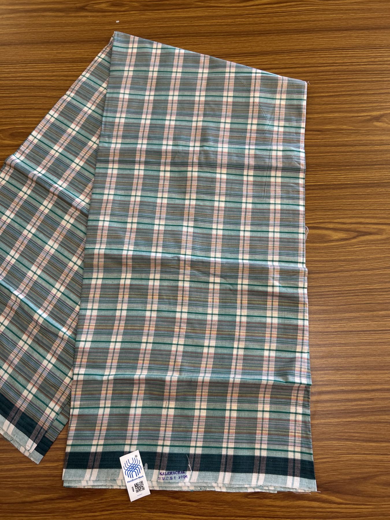 Kerala Handloom - Signature Kaitharikada - Government Sealed Hallmarked - 100% Pure Cotton - 2/60X40s Twisted Thread - Handloom Single Mundu/Dhoti - Green & Dark Pink Check Body  - 2.36 mtr - 59 KK8046 KAL