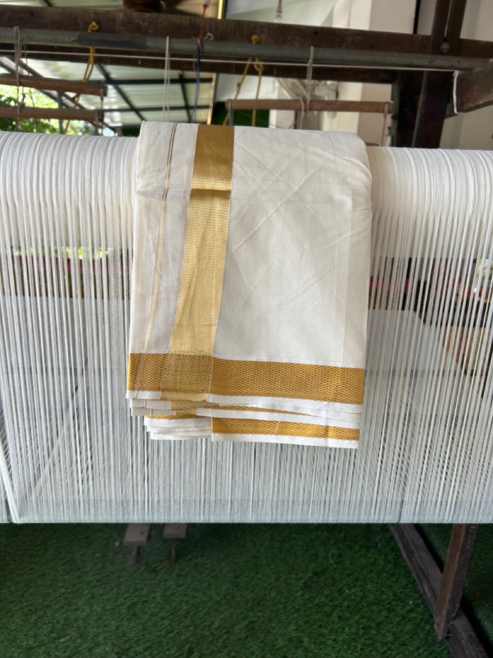 20% Discount! Kaitharikada Balaramapuram Pure Cotton Off White - (Unbleached) - 100x100 thread - North Iindian- Attached Gamcha - 10X6 Dhoti - 1.5 inch Gold Kasav border - 31 KK8304 PMC