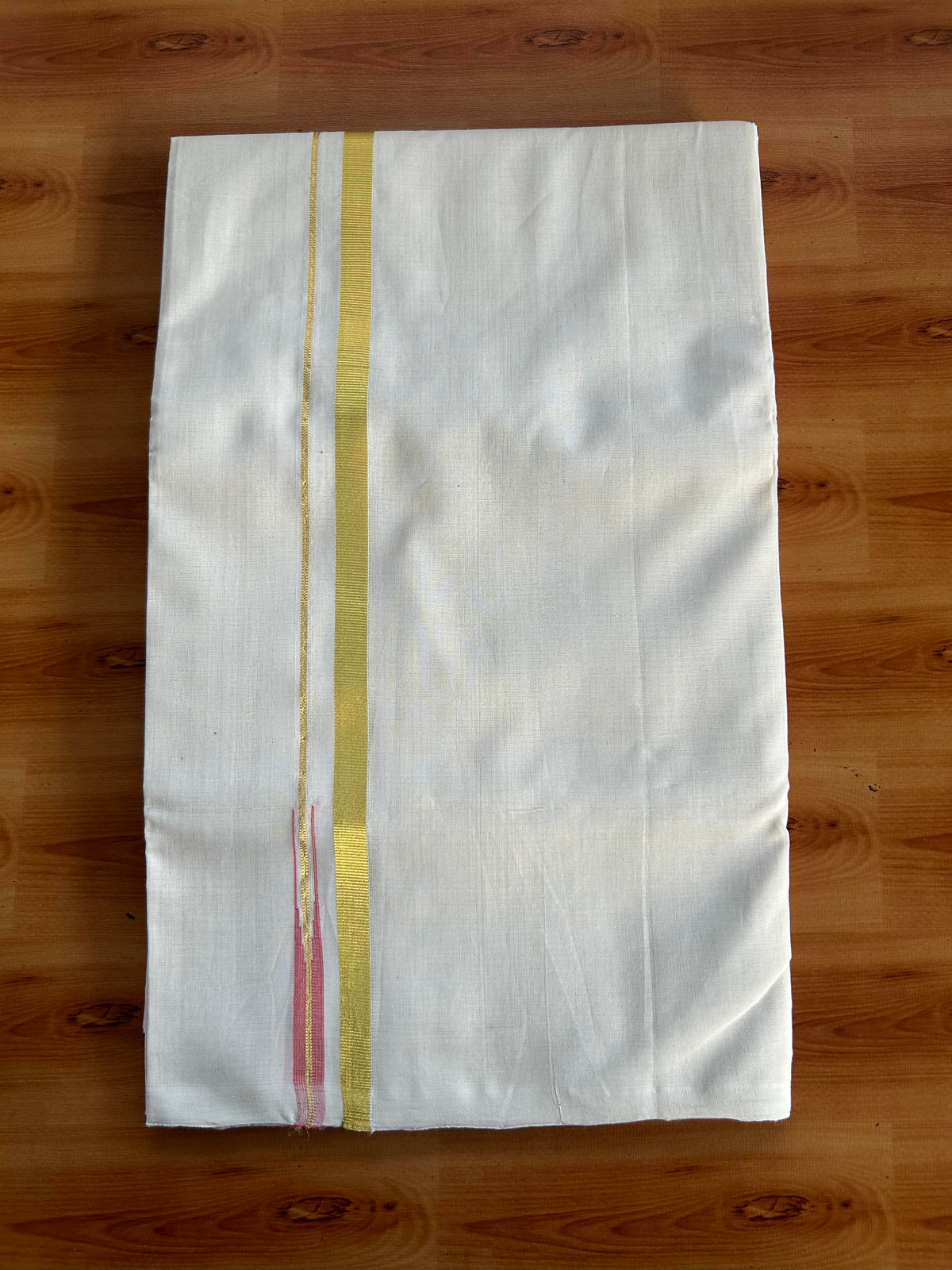 Double Off White (Unbleached) Mundu/Dhoti - 25% Discount! KaithariKada Handloom Unakkupaav Kerala Handloom - Pure Cotton - 80x90 - 1.5 cm Puliyilakkara Gold Kasav & Peach Chutty Kara 4 Mtr (8.5 Muzham) - 9 KK5551 STH