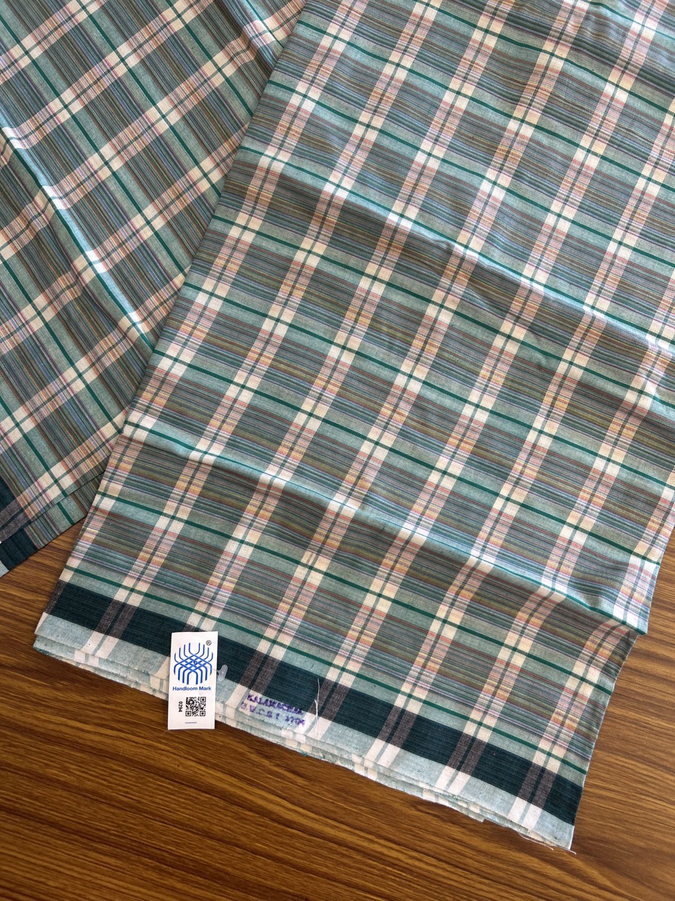 Kerala Handloom - Signature Kaitharikada - Government Sealed Hallmarked - 100% Pure Cotton - 2/60X40s Twisted Thread - Handloom Single Mundu/Dhoti - Green & Dark Pink Check Body  - 2.36 mtr - 59 KK8046 KAL