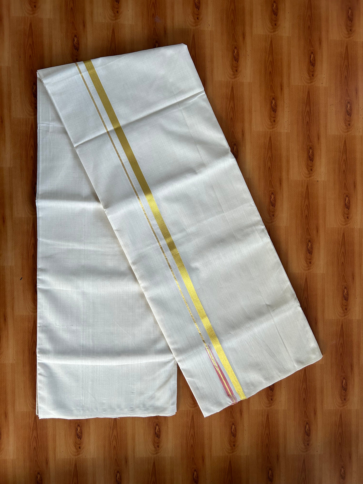 Double Off White (Unbleached) Mundu/Dhoti - 25% Discount! KaithariKada Handloom Unakkupaav Kerala Handloom - Pure Cotton - 80x90 - 1.5 cm Puliyilakkara Gold Kasav & Peach Chutty Kara 4 Mtr (8.5 Muzham) - 9 KK5551 STH
