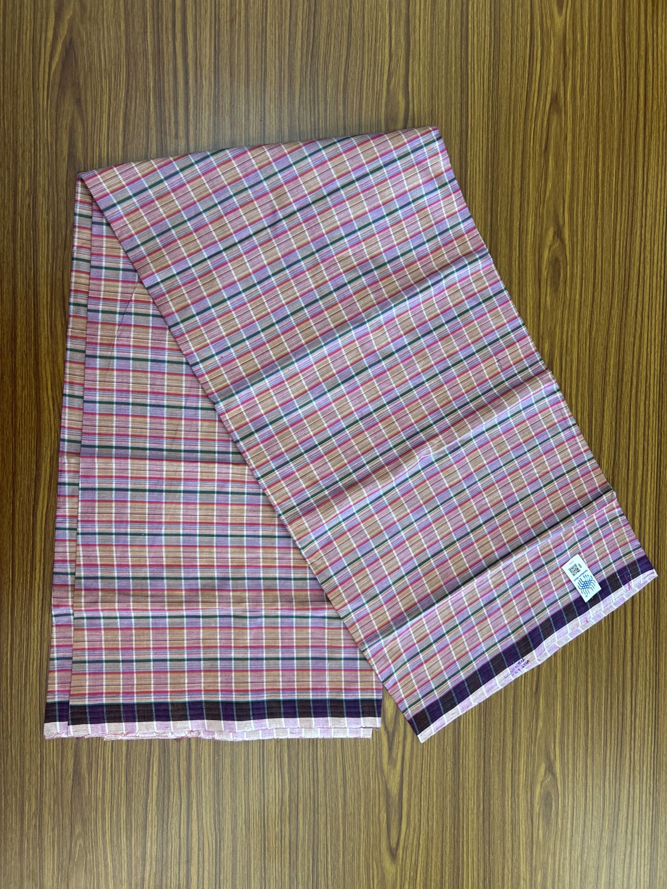 Kerala Handloom - Signature Kaitharikada - Government Sealed Hallmarked - 100% Pure Cotton - 2/60X40s Twisted Thread - Handloom Single Mundu/Dhoti - Dark Pink & Green Check Body  - 2.56 mtr - 58 KK8046 KAL