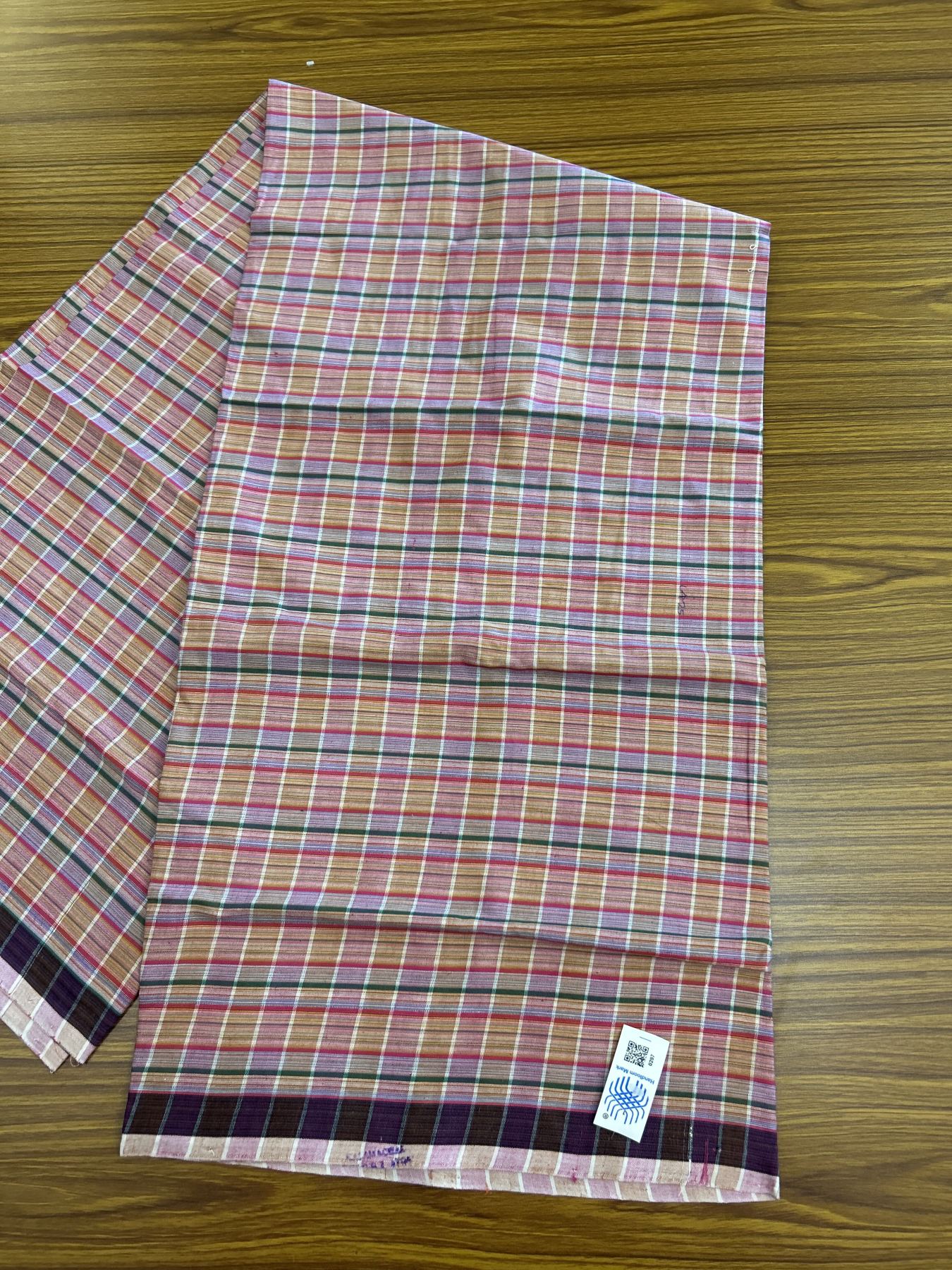 Kerala Handloom - Signature Kaitharikada - Government Sealed Hallmarked - 100% Pure Cotton - 2/60X40s Twisted Thread - Handloom Single Mundu/Dhoti - Dark Pink & Green Check Body  - 2.56 mtr - 58 KK8046 KAL