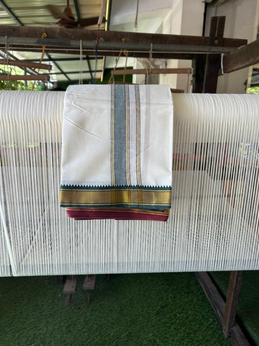 20% Discount! KaithariKada Cotton Mix Off White - (Unbleached) 80X90 thread - North Indian- Attached Gamcha - 10X6 Dhoti - 2 inch Green Gold Kasav kara with Maroon & Green Gold Kasav Design border - 14 KK8304 PMC