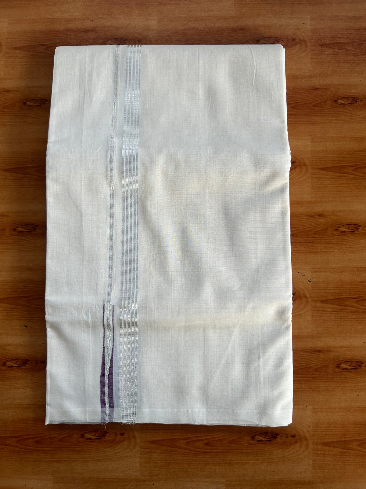 Double Off White (Unbleached) Mundu/Dhoti - 25% Discount! KaithariKada Handloom Unakkupaav Kerala Handloom - Pure Cotton - 80x90 - 1.5 cm Puliyilakkara Silver Kasav & Purple Striped Chutty Kara 4 Mtr (8.5 Muzham) - 5 KK5551 STH