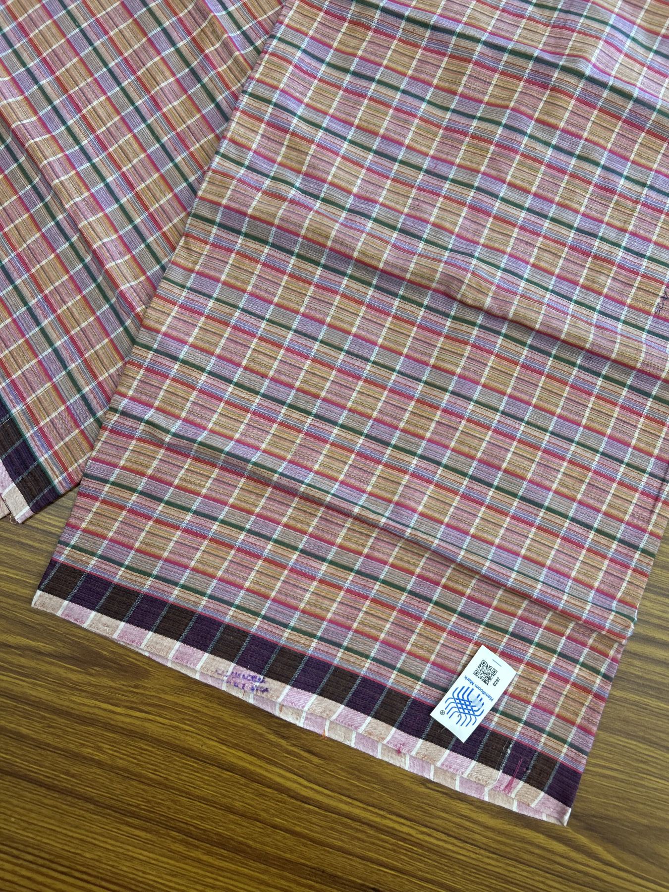 Kerala Handloom - Signature Kaitharikada - Government Sealed Hallmarked - 100% Pure Cotton - 2/60X40s Twisted Thread - Handloom Single Mundu/Dhoti - Dark Pink & Green Check Body  - 2.56 mtr - 58 KK8046 KAL