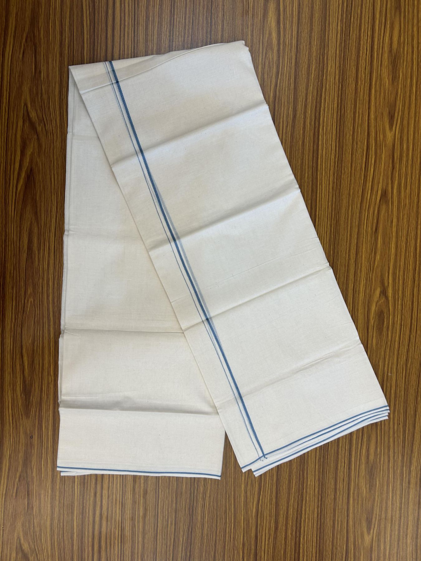 20% Discount! KaithariKada Balaramapuram 100% Cotton Double Off white - (Unbleached) - Mundu/Dhoti - 100x80 - 0.3 cm Ash Blue Thin Kara - 22 KK5357 VAS
