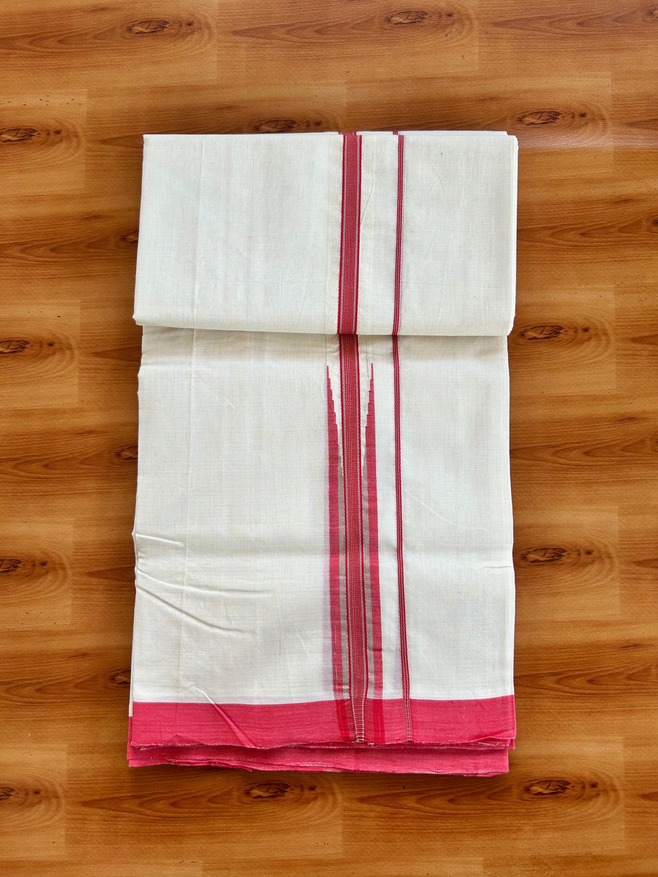 Double Off White (Unbleached) Mundu/Dhoti - 25% Discount!! KaithariKada Handloom Unakkupaav - Kerala Handloom - 100% Pure Cotton - 100x80 - 1 inch Red Pink & Brown Chutty Kara 3.80 mtr (8 muzham) - 8 KK5498 REA