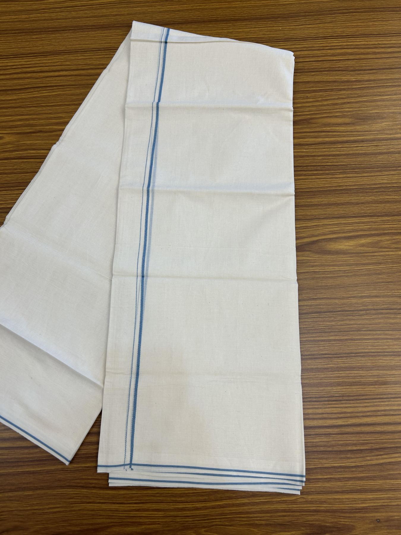 20% Discount! KaithariKada Balaramapuram 100% Cotton Double Off white - (Unbleached) - Mundu/Dhoti - 100x80 - 0.3 cm Ash Blue Thin Kara - 22 KK5357 VAS
