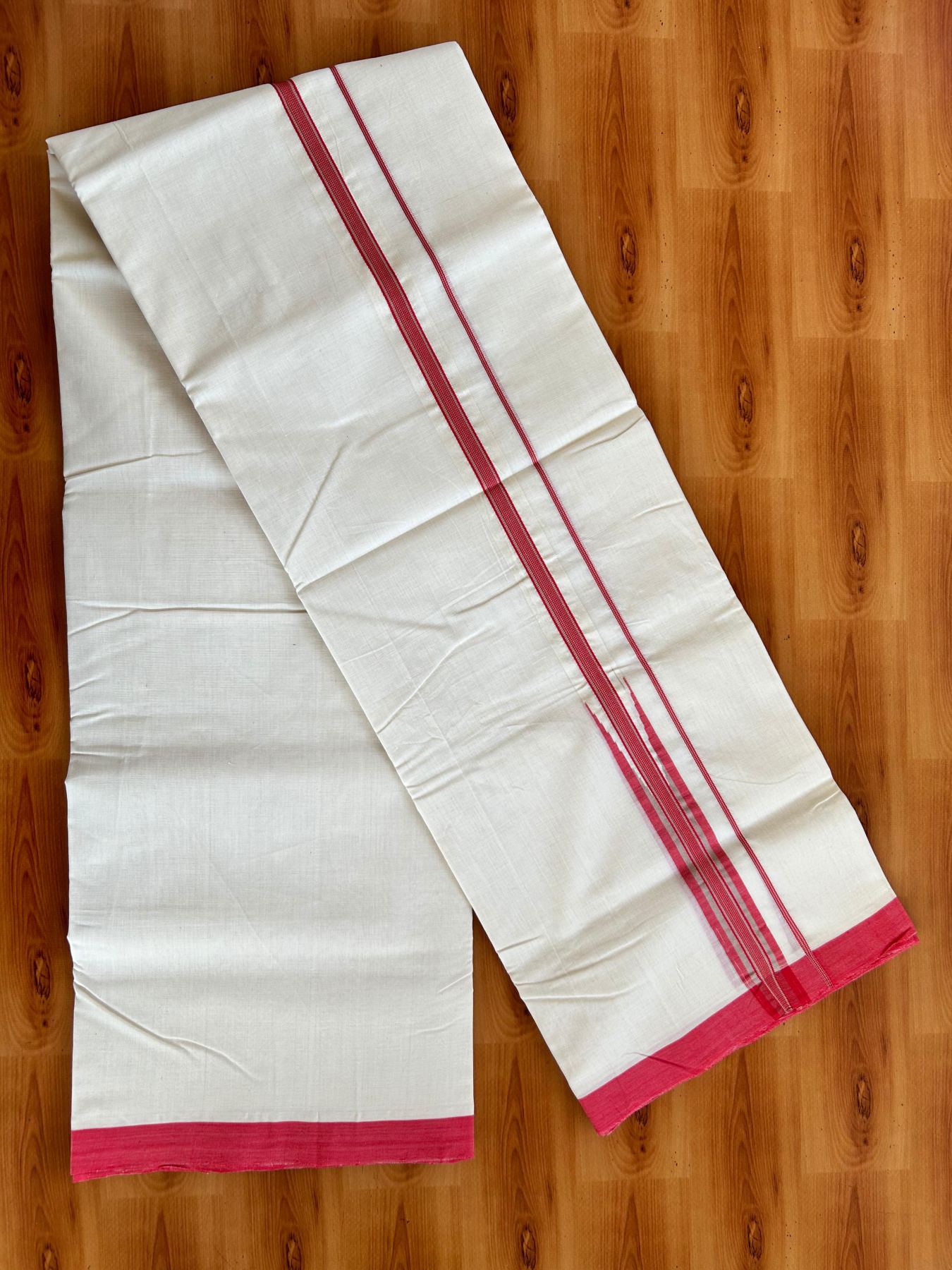 Double Off White (Unbleached) Mundu/Dhoti - 25% Discount!! KaithariKada Handloom Unakkupaav - Kerala Handloom - 100% Pure Cotton - 100x80 - 1 inch Red Pink & Brown Chutty Kara 3.80 mtr (8 muzham) - 8 KK5498 REA