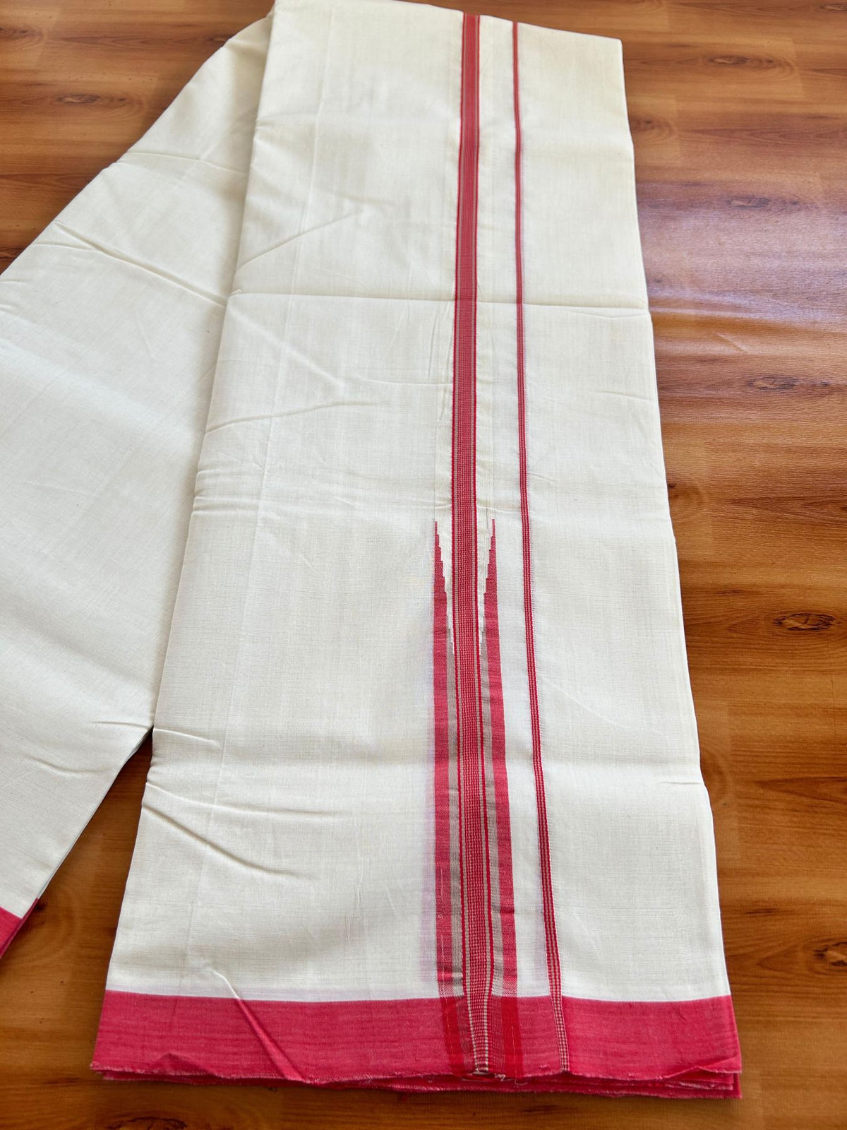 Double Off White (Unbleached) Mundu/Dhoti - 25% Discount!! KaithariKada Handloom Unakkupaav - Kerala Handloom - 100% Pure Cotton - 100x80 - 1 inch Red Pink & Brown Chutty Kara 3.80 mtr (8 muzham) - 8 KK5498 REA