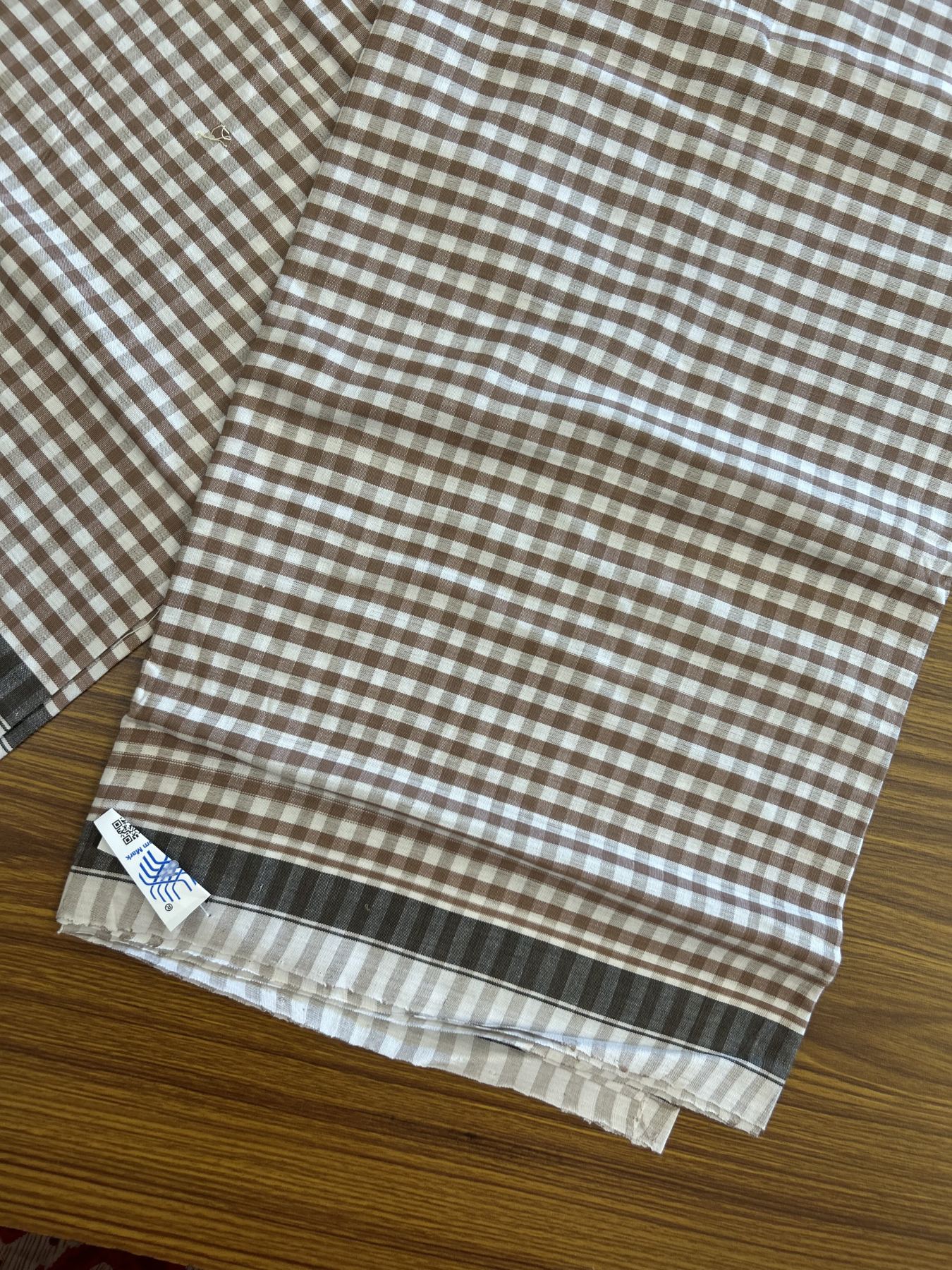 Kerala Handloom - Signature Kaitharikada - Government Sealed Hallmarked - 100% Pure Cotton - 2/60X40s Twisted Thread - Handloom Single Mundu/Dhoti - Brown Check Body  - 2.16 mtr - 61 KK8046 KAL