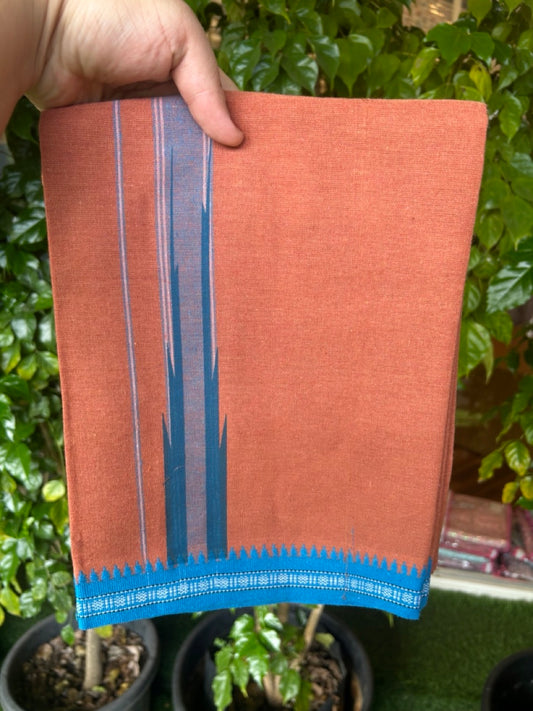 18% Discount!!! Kaitharikada Pure Cotton - Single Kaily / Lungi - 1.5 inch  Puliyilakkara Peacock Blue & Blue Striped Printed Chutty Kuppadam kara with Kavi colour body  (2 meter / 4 muzham)- 11KK8023 AS