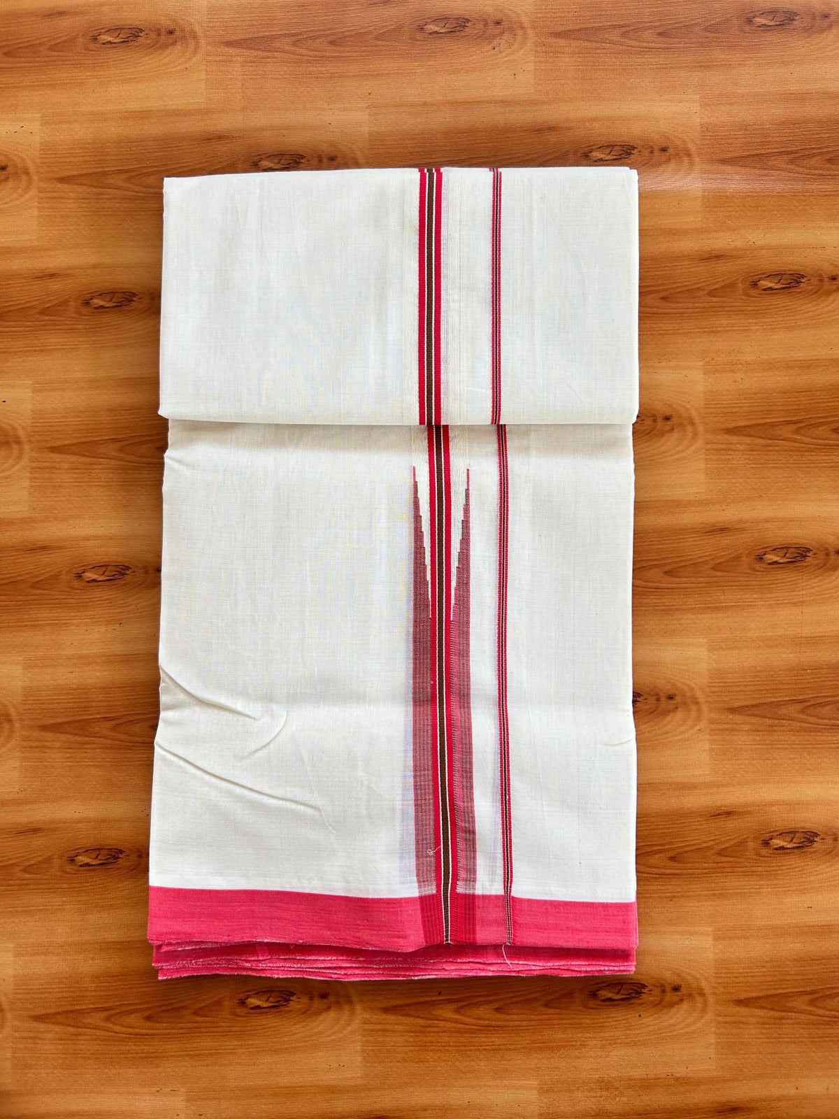 Double Off White (Unbleached) Mundu/Dhoti - 25% Discount!! KaithariKada Handloom Unakkupaav - Kerala Handloom - 100% Pure Cotton - 100x80 - 1 inch Red Pink & Dark Brown Chutty Kara 3.80 mtr (8 muzham) - 7 KK5498 REA