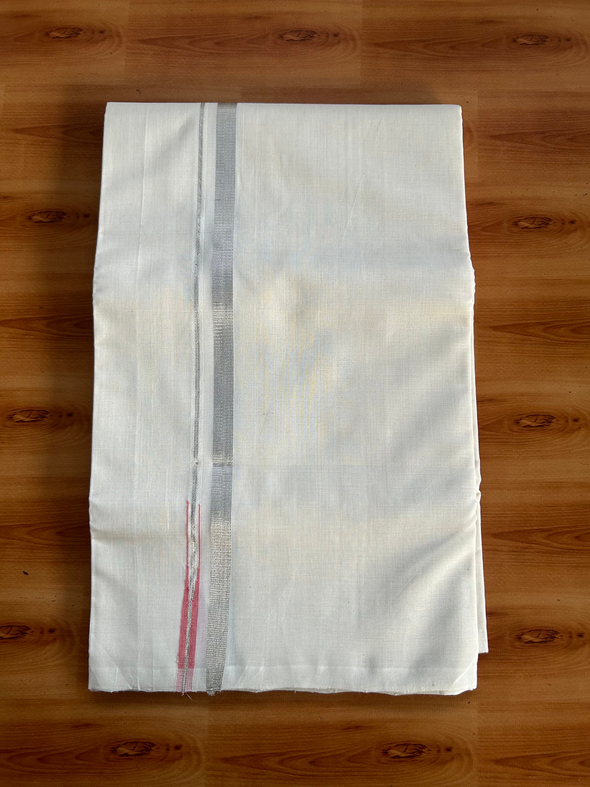 Double Off White (Unbleached) Mundu/Dhoti - 25% Discount! KaithariKada Handloom Unakkupaav Kerala Handloom - Pure Cotton - 80x90 - 1.5 cm Puliyilakkara Silver Kasav & Peach Chutty Kara 4 Mtr (8.5 Muzham) - 6 KK5551 STH