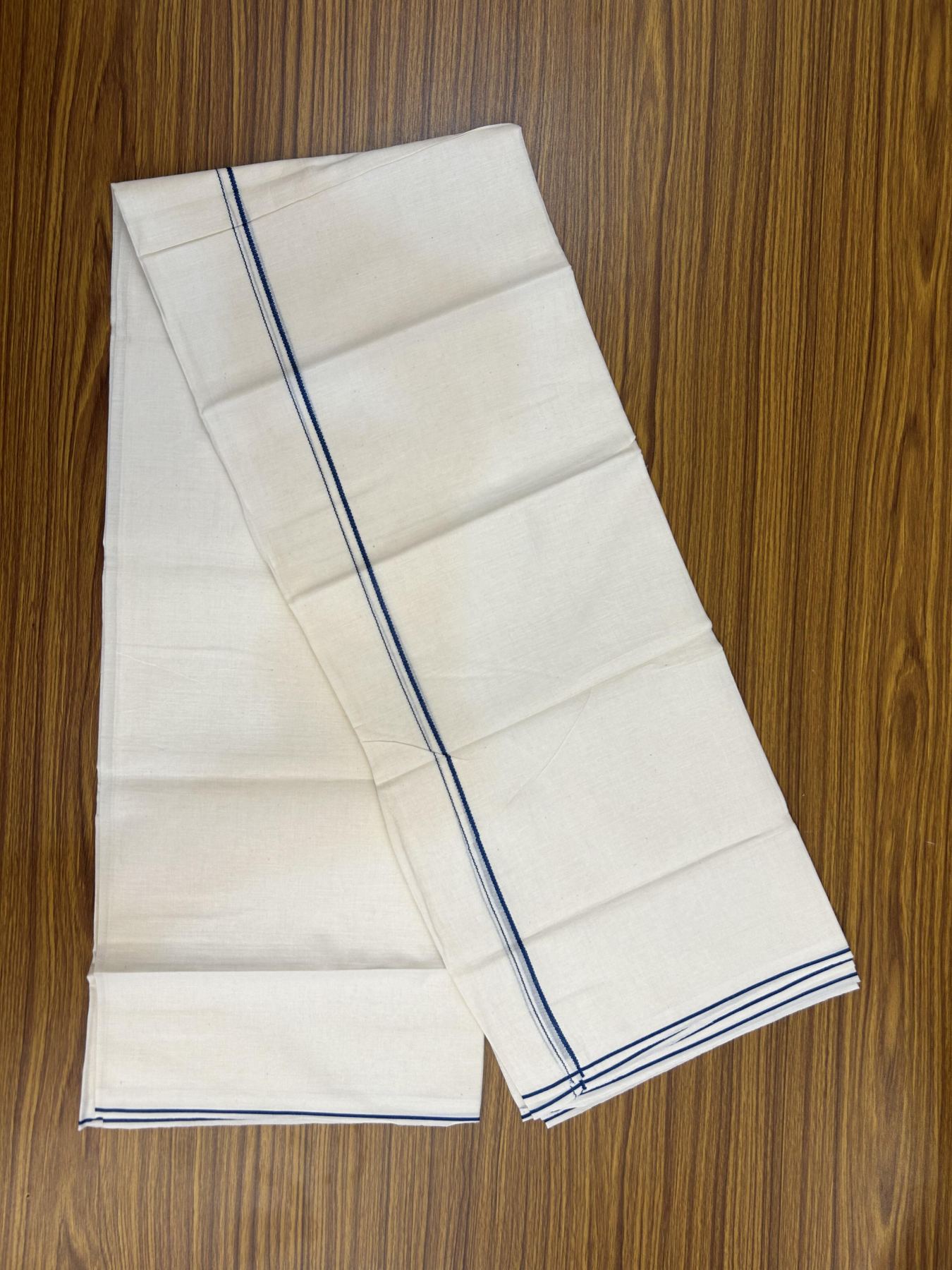 20% Discount! KaithariKada Balaramapuram 100% Cotton Double Off white - (Unbleached) - Mundu/Dhoti - 100x80 - 0.3 cm Dark Peacock Blue Thin Kara 4 mtr (8.5 muzham) - 27 KK5357 VAS