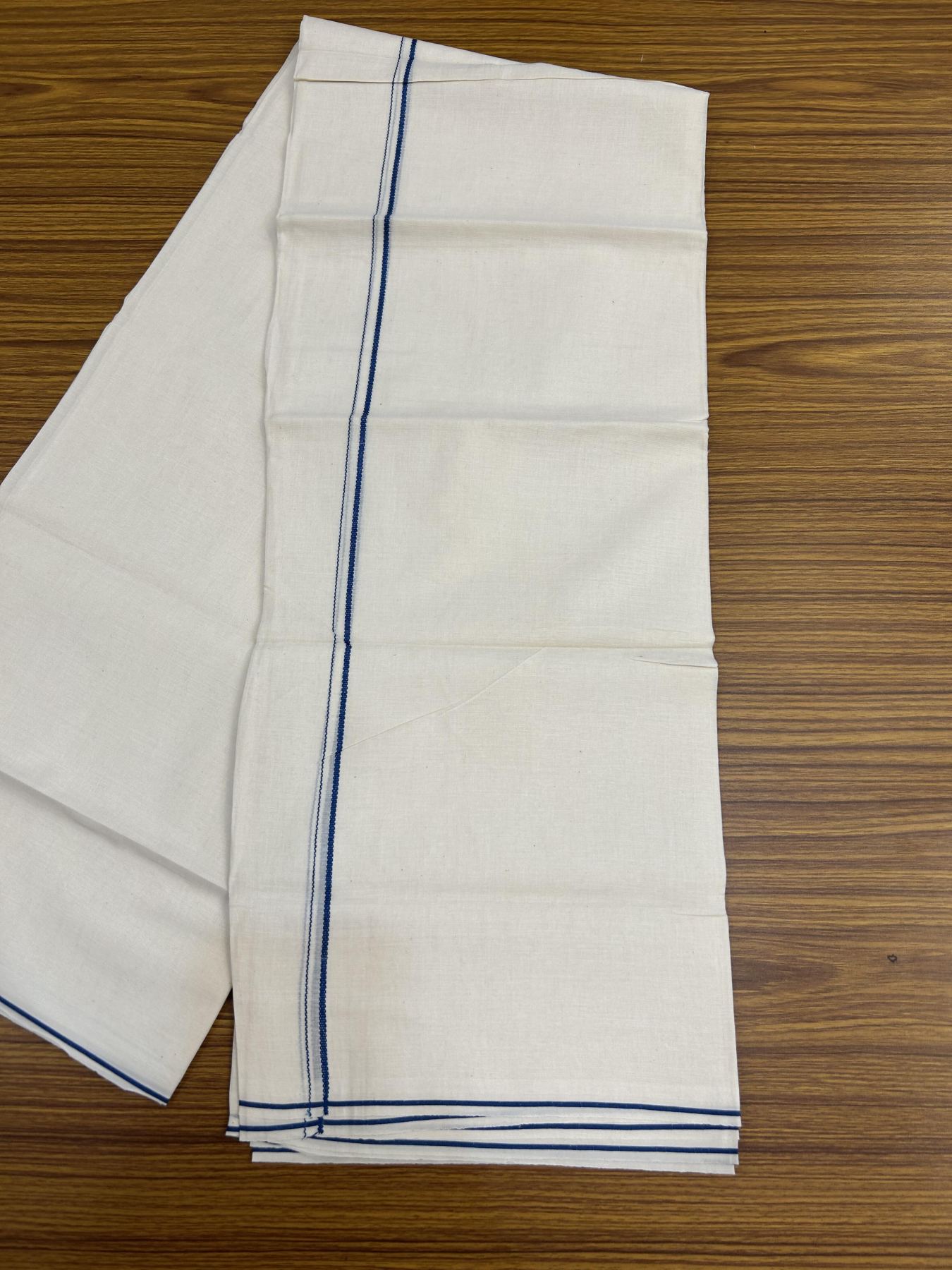 20% Discount! KaithariKada Balaramapuram 100% Cotton Double Off white - (Unbleached) - Mundu/Dhoti - 100x80 - 0.3 cm Dark Peacock Blue Thin Kara 4 mtr (8.5 muzham) - 27 KK5357 VAS