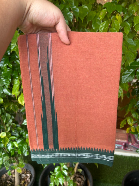 18% Discount!!! Kaitharikada Pure Cotton - Single Kaily / Lungi - 1.5 inch  Puliyilakkara Green Striped Printed Chutty Kuppadam kara with Kavi colour body  (2 meter / 4 muzham)- 10KK8023 AS