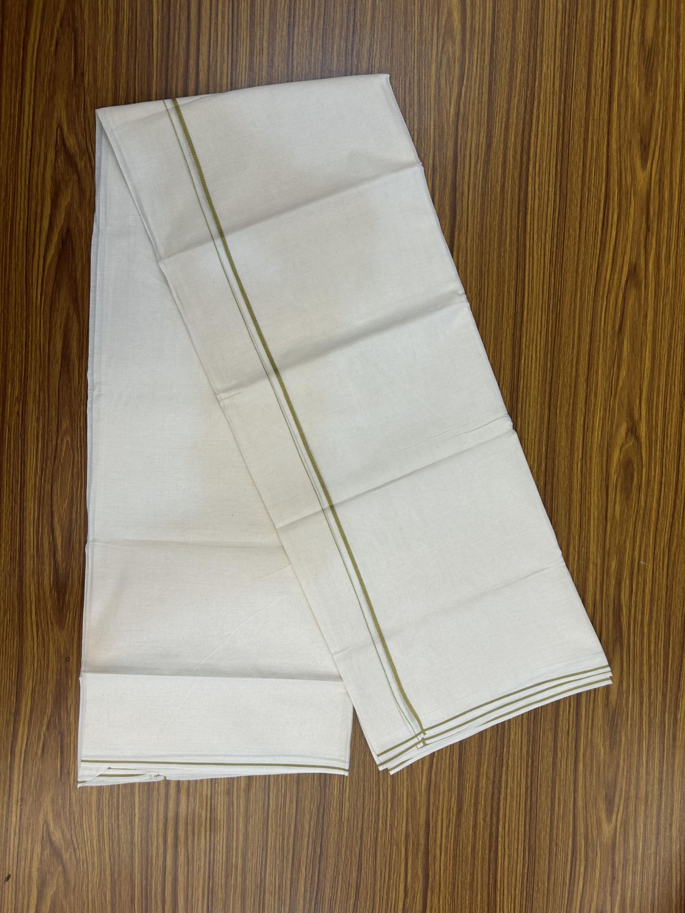 20% Discount! KaithariKada Balaramapuram 100% Cotton Double Off white - (Unbleached) - Mundu/Dhoti - 100x80 - 0.3 cm Mustard Thin Kara 4 mtr (8.5 muzham) - 23 KK5357 VAS