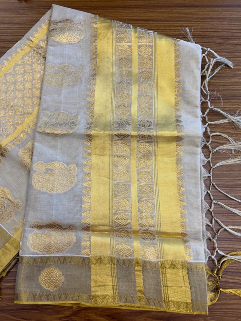 39% Discount! Kaitharikada Kerala Saree for Women 100% Pure Cotton - Kasavu Tissue - Gold Kasavu Peacock DESIGN WITH KUNJALAM Kara - 2 KK7156 PMC